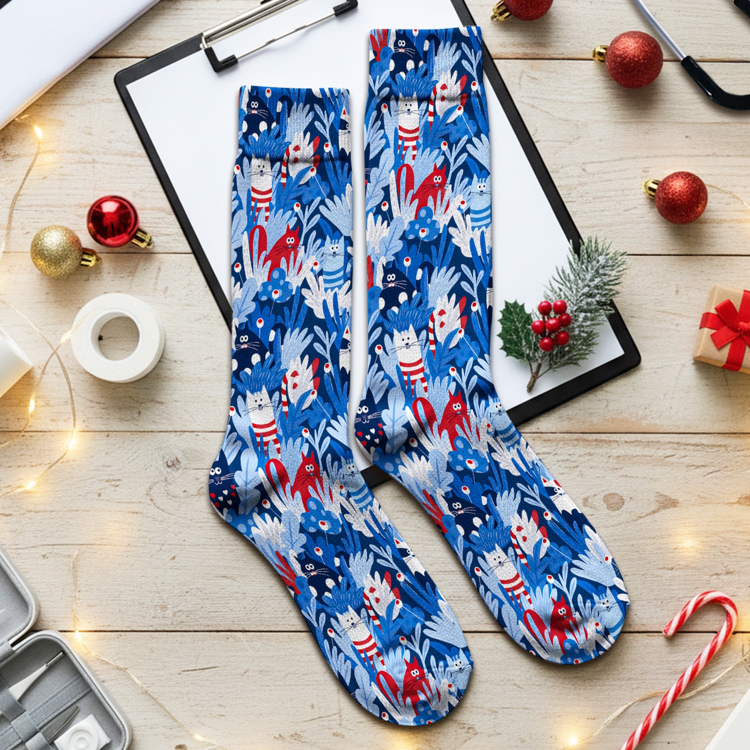 Cute Cats Among Blue Foliage Pattern Socks, Adult Socks for Men and Women