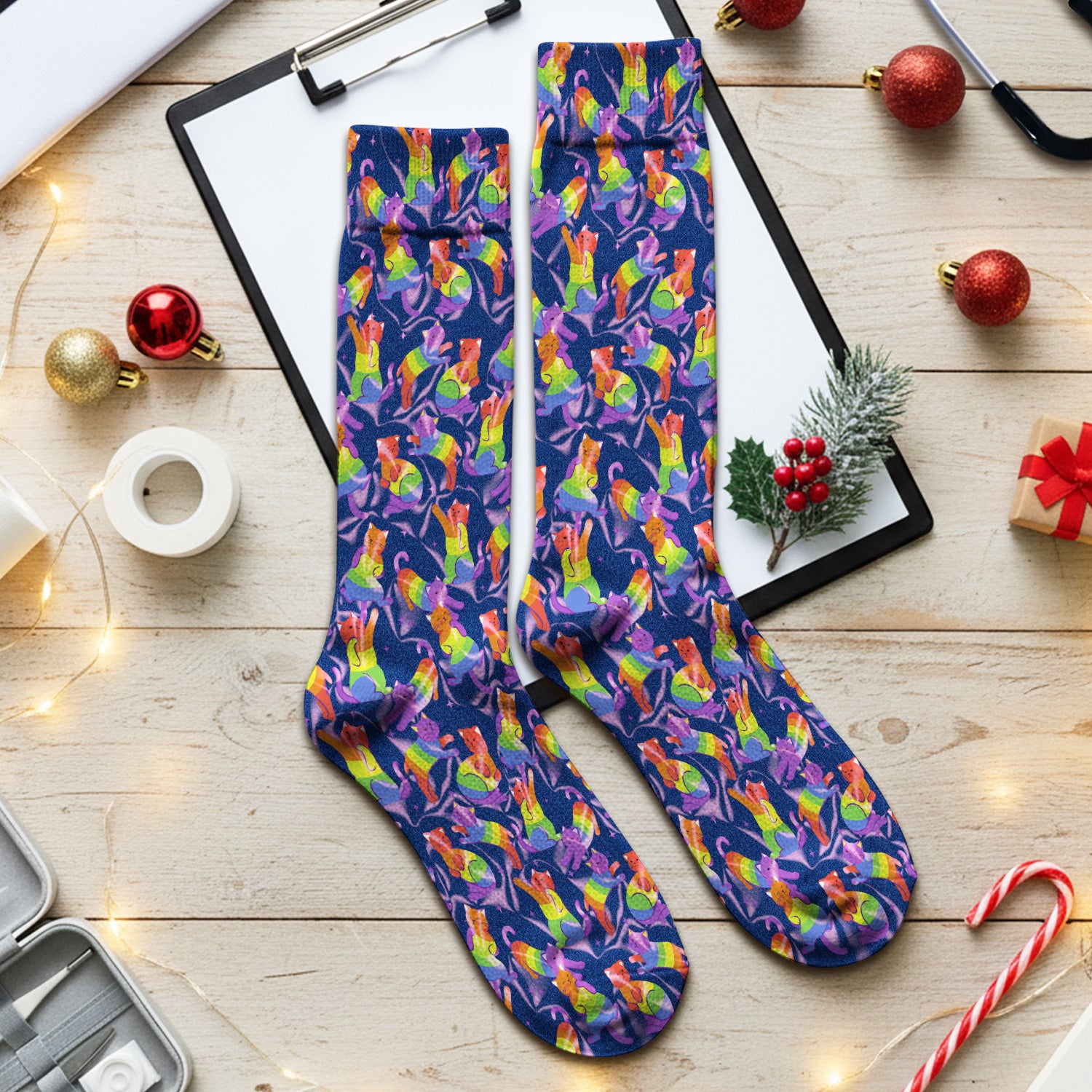 Rainbow Pride Cat Pattern Socks, Adult Socks for Men and Women