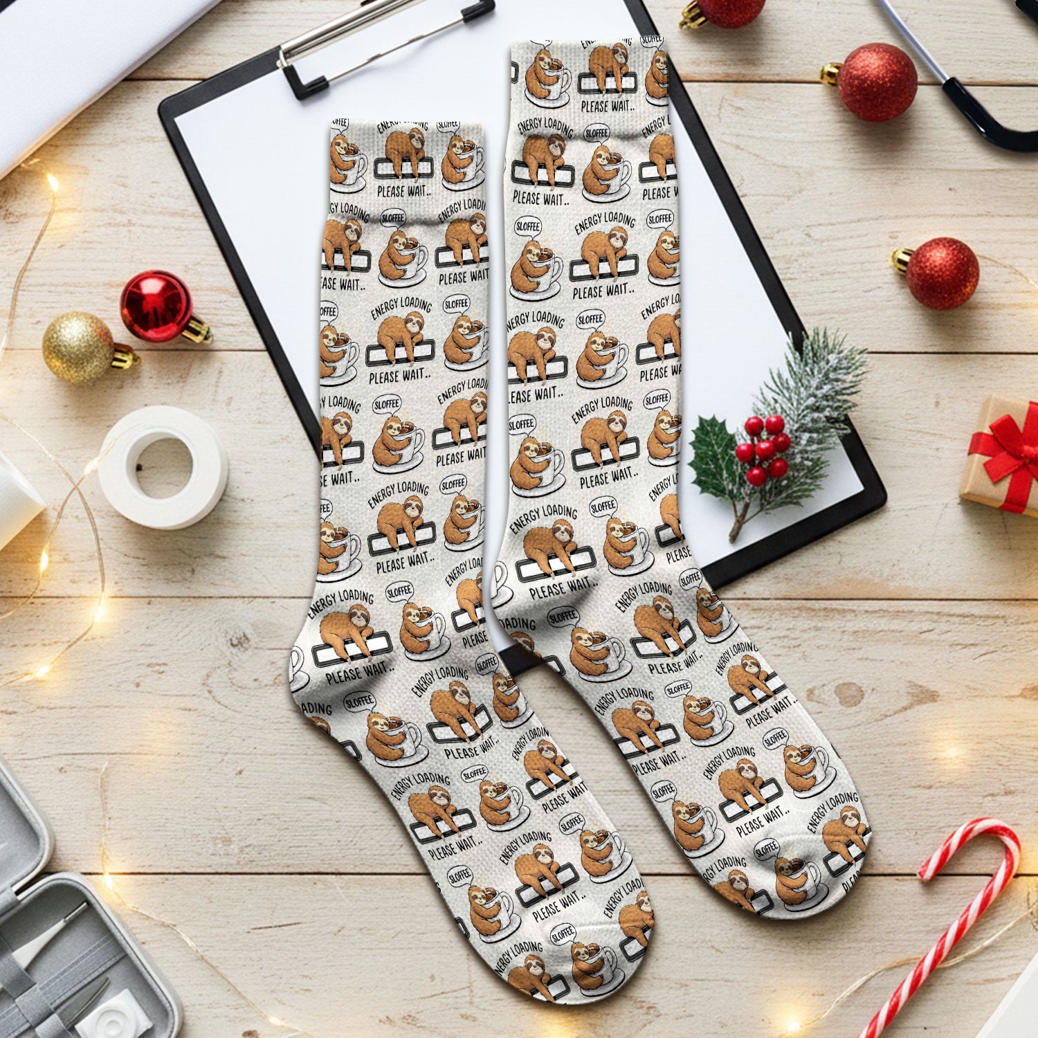 Funny Sloth Coffee Energy Loading Pattern Socks, Adult Socks for Men and Women