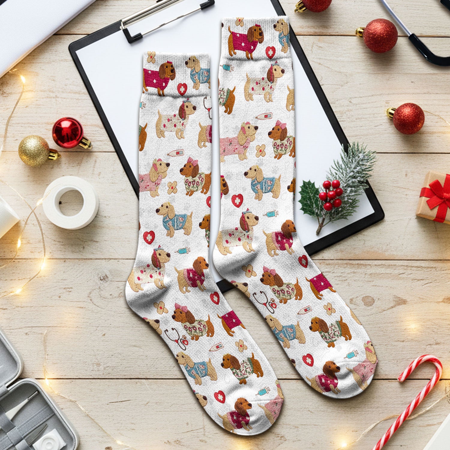 Cute Medical Wiener Dog Pattern Nurse Socks, Dachshund Nursing Scrub Sock, Breathable Fabrics Nursing Uniform