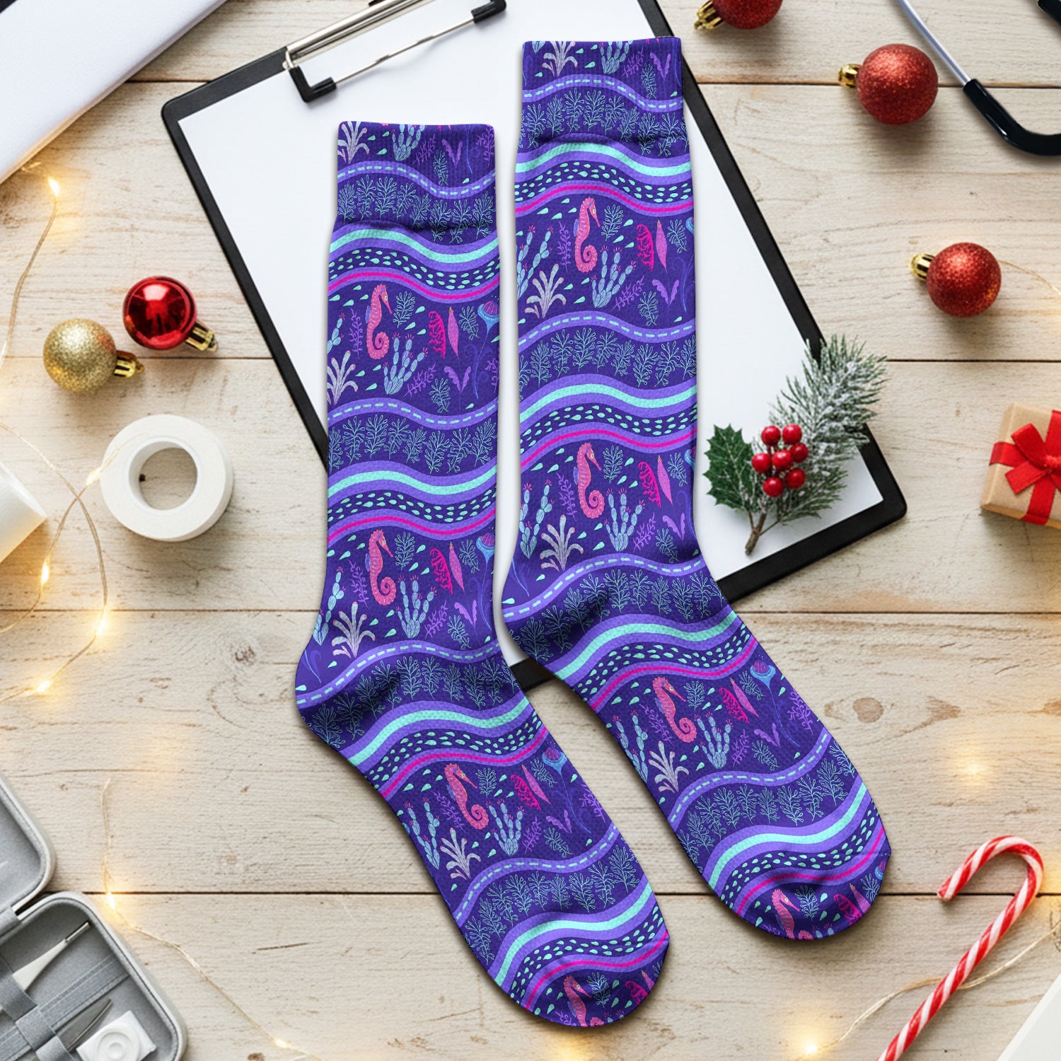 Purple Seahorse Ocean Pattern Socks, Adult Socks for Men and Women