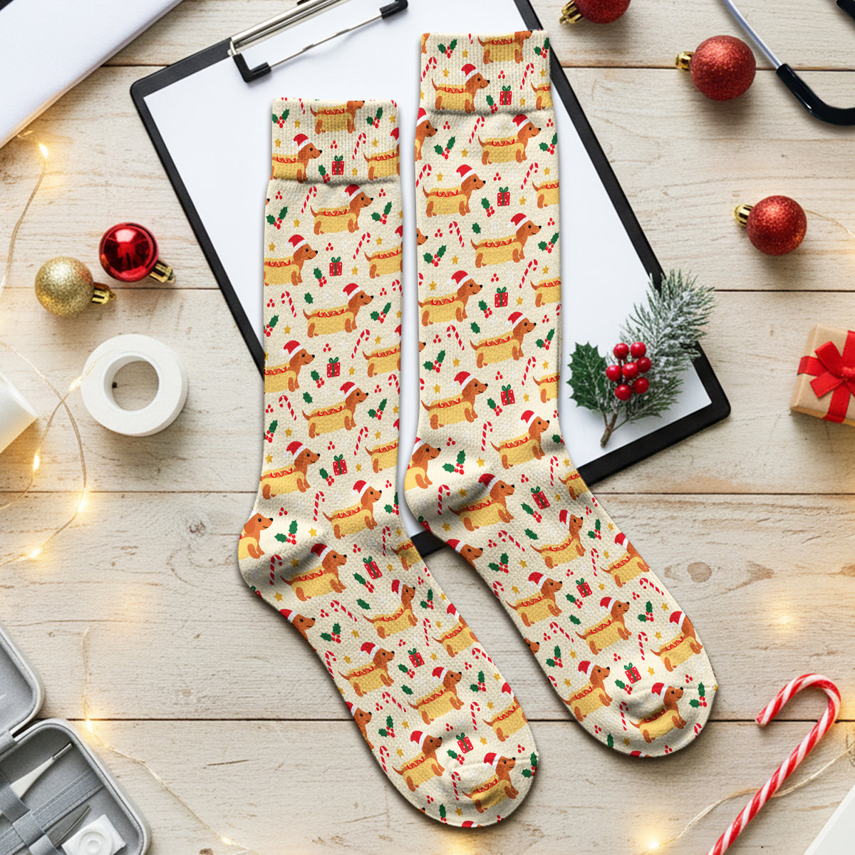 Funny Christmas Dachshund Hot Dog Socks, Adult Socks for Men and Women