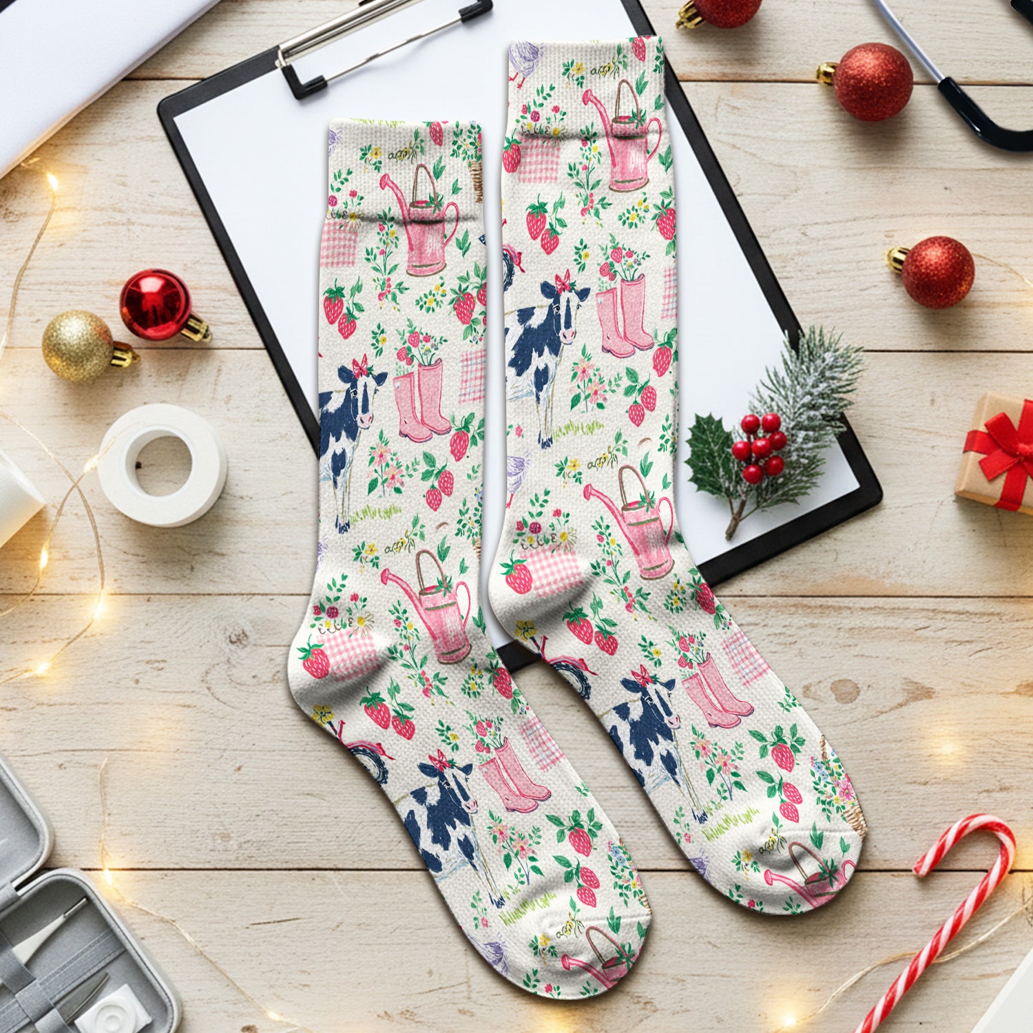 Strawberry Cow Country Style Socks, Adult Socks for Men and Women