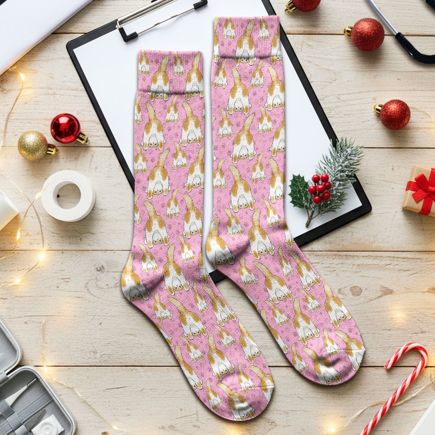 Cute Cat Butt Nurse Scrub Socks, Cat Pattern Medical Sock For Pet Lover, Breathable Fabrics Nursing Uniform