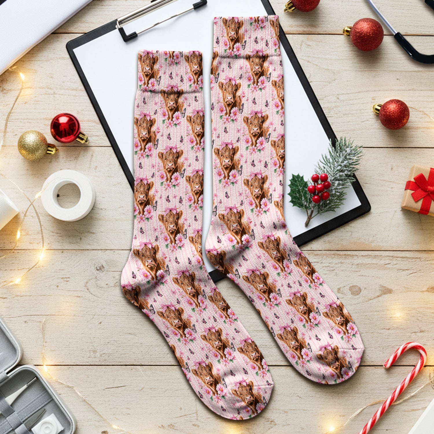 Pink Highland Cow Floral Socks, Adult Socks for Men and Women