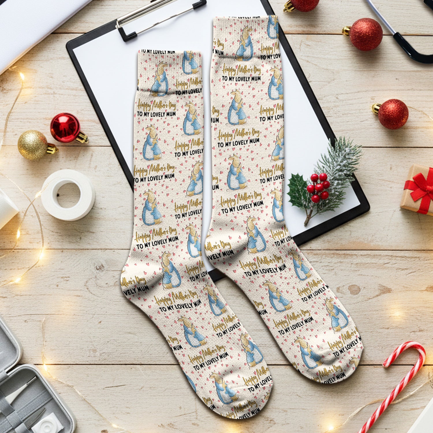 Happy Mothers Day Bunny Love Pattern Socks, Adult Socks for Men and Women