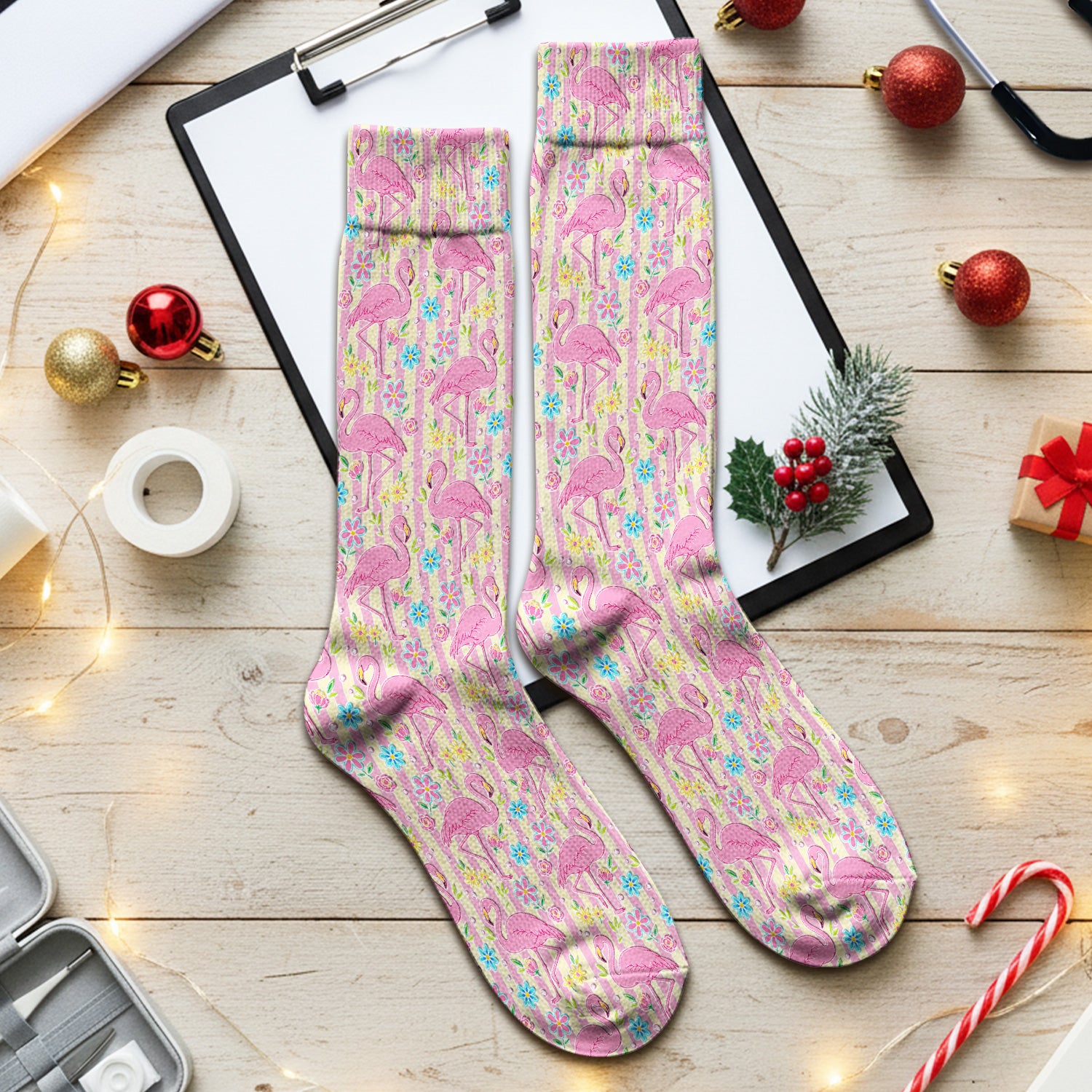Pink Flamingo Flower Stripe Pattern Socks, Adult Socks for Men and Women