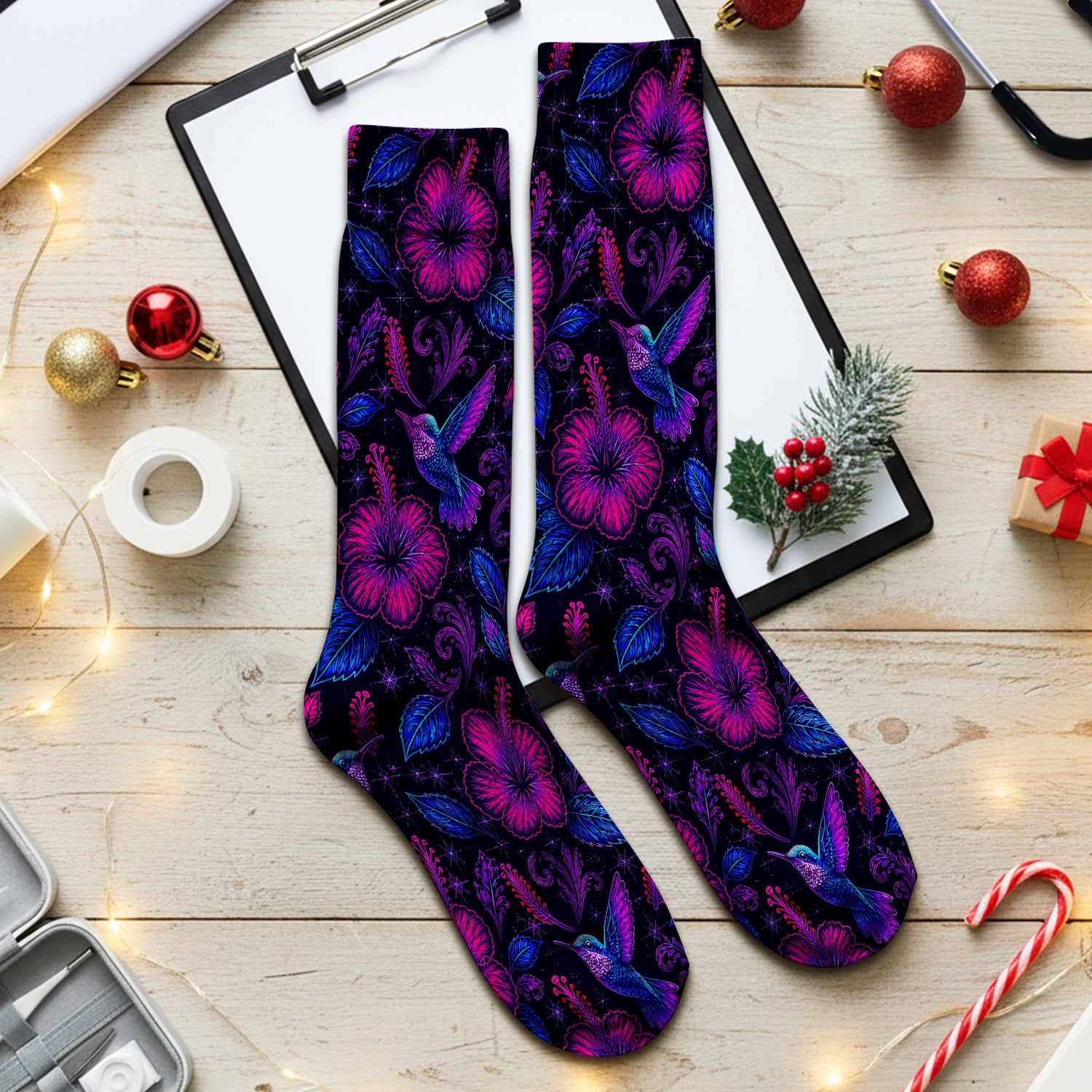 Tropical Hummingbird Hibiscus Floral Pattern Socks, Adult Socks for Men and Women
