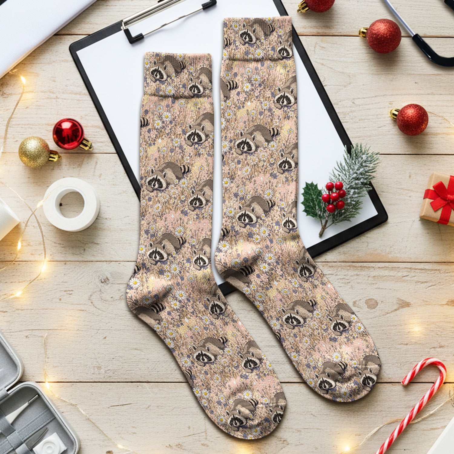 Cute Raccoon Wildflower Meadow Pattern Socks, Adult Socks for Men and Women