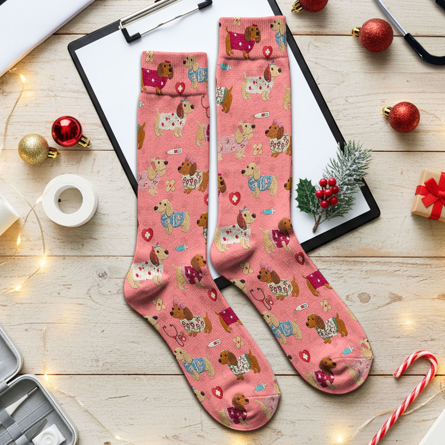 Cute Medical Wiener Dog Pattern Nurse Socks, Dachshund Nursing Scrub Sock, Breathable Fabrics Nursing Uniform