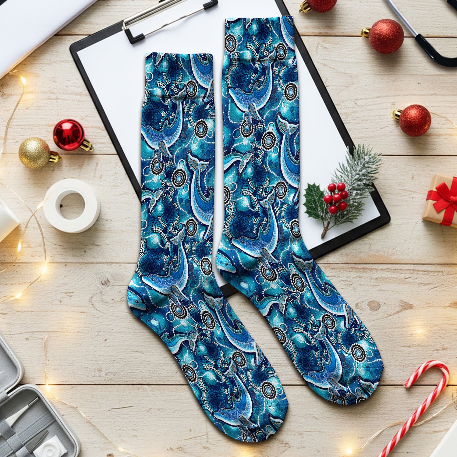 Ocean Dolphin Aboriginal Dot Print Socks, Adult Socks for Men and Women