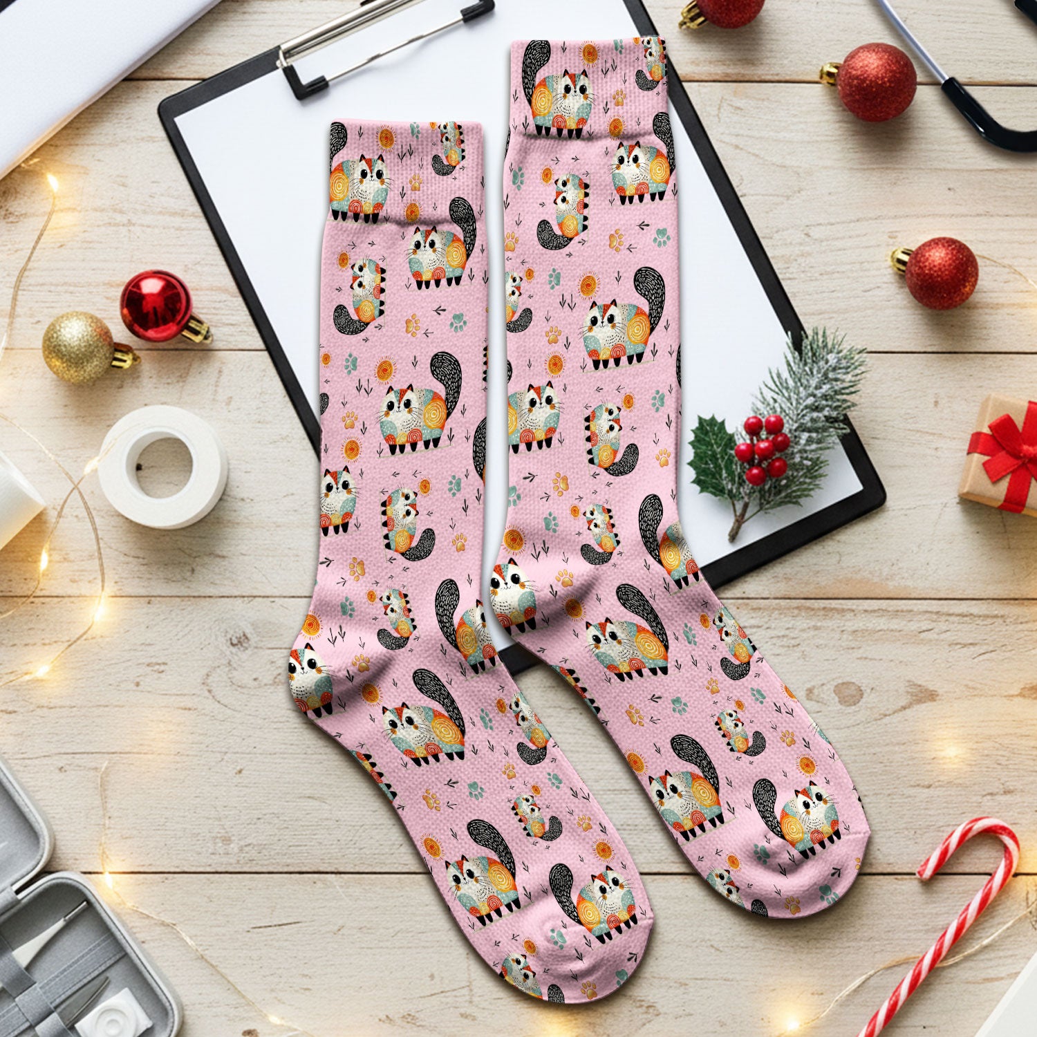 Playful Cat Illustration Medical Socks, Socks for Nurse Doctor
