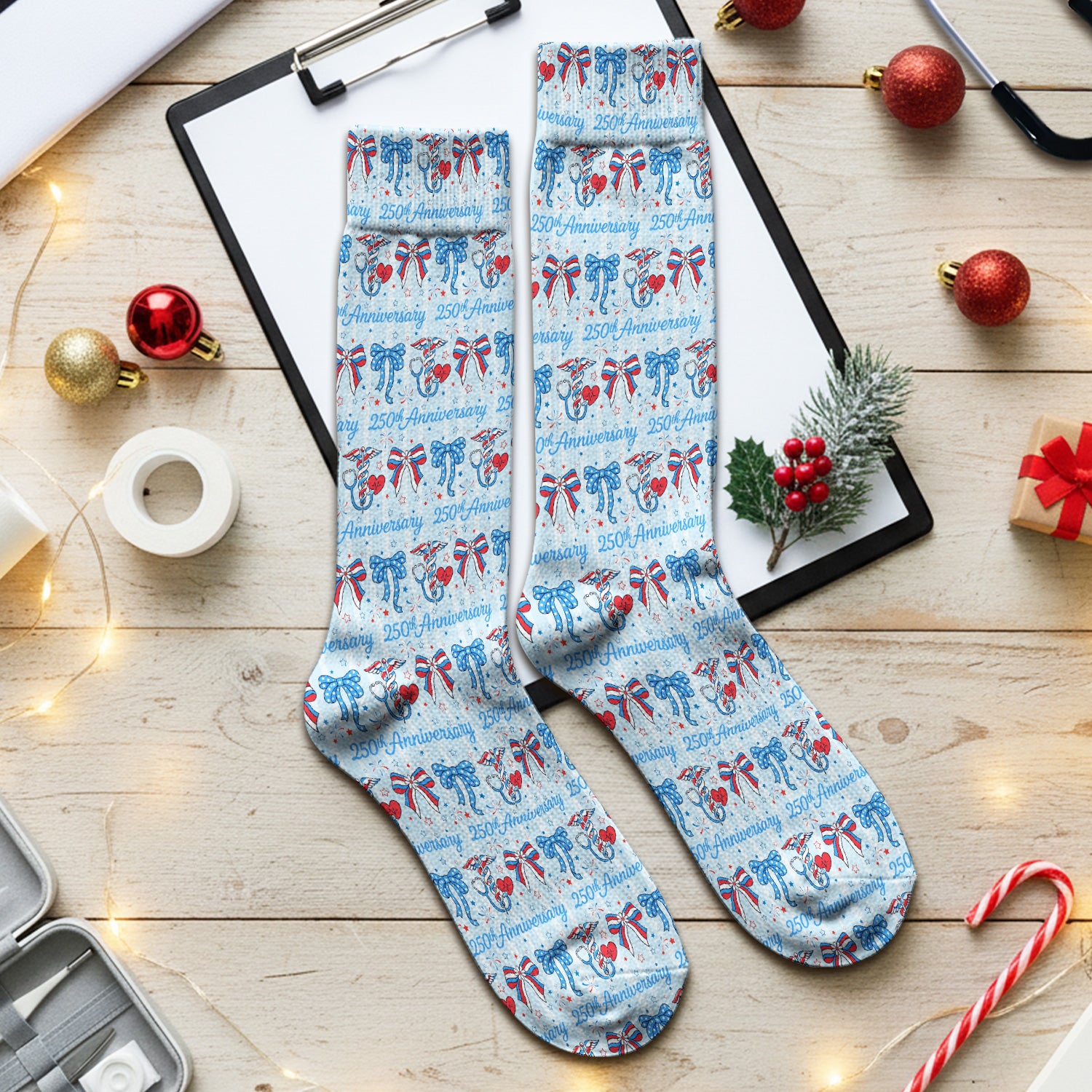 Festive 250th Anniversary Nurse Ribbon Heart Pattern Socks, Adult Socks for Men and Women