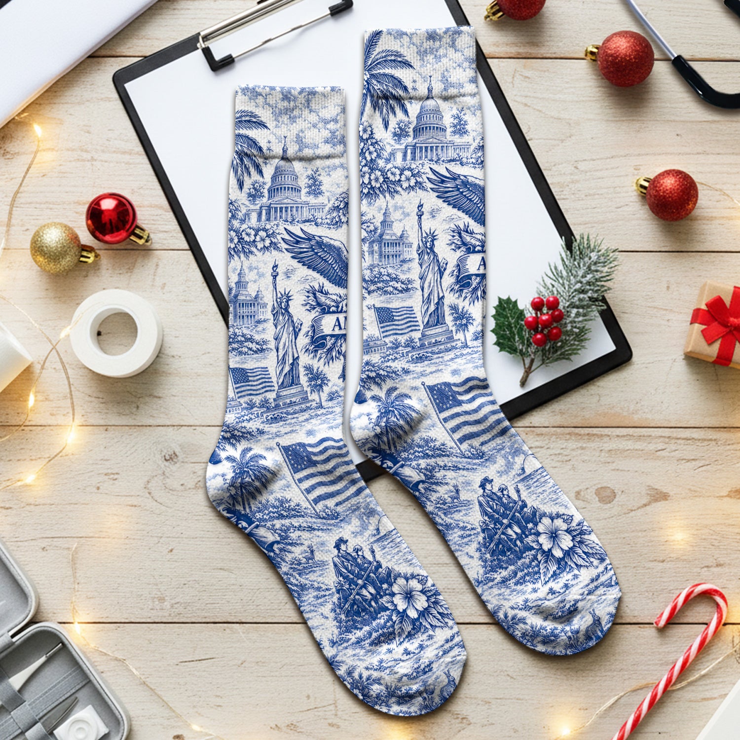 Patriotic America Heritage Toile Pattern Sock, Breathable Fabrics Medical Uniform