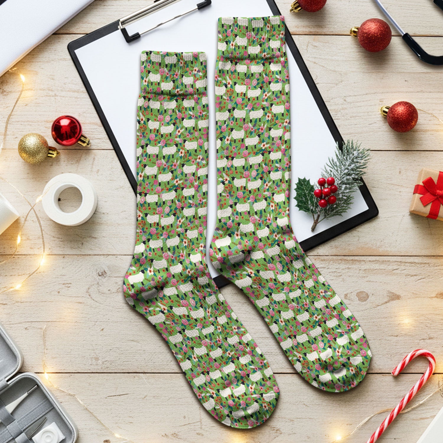 Cute Sheep Floral Meadow Pattern Socks, Adult Socks for Men and Women