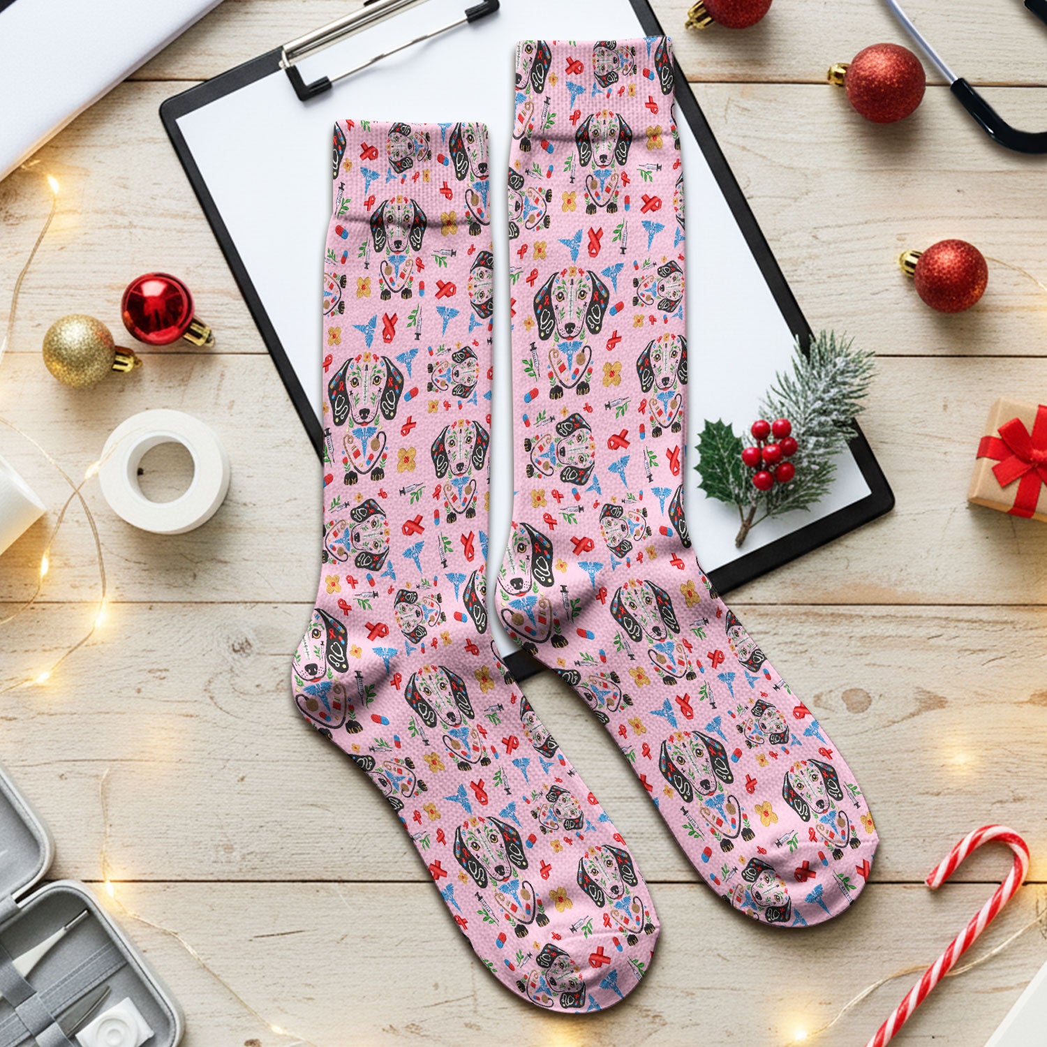 Dachshund Medical Icon Pattern Socks, Socks for Nurse Doctor