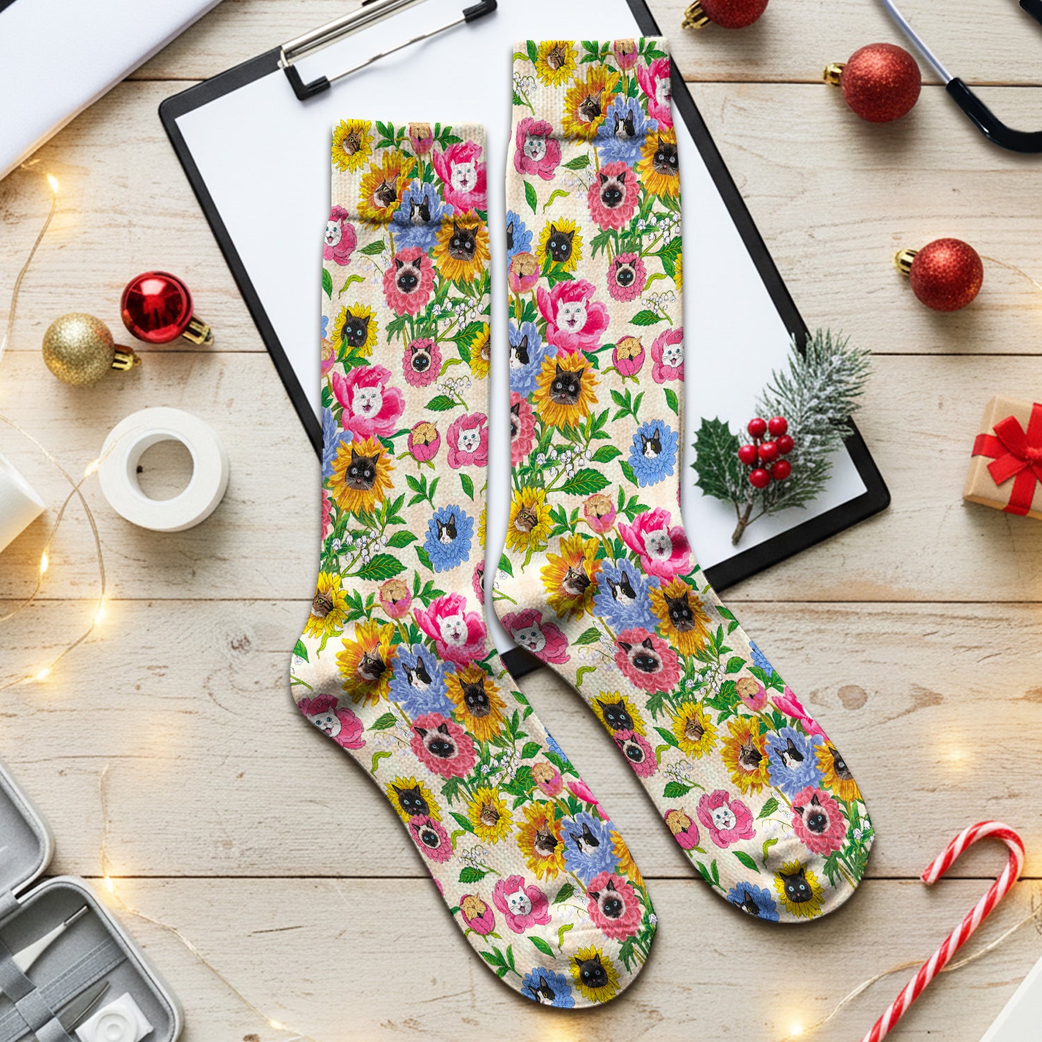 Cat Face Hidden In Colorful Flower Garden Socks, Adult Socks for Men and Women