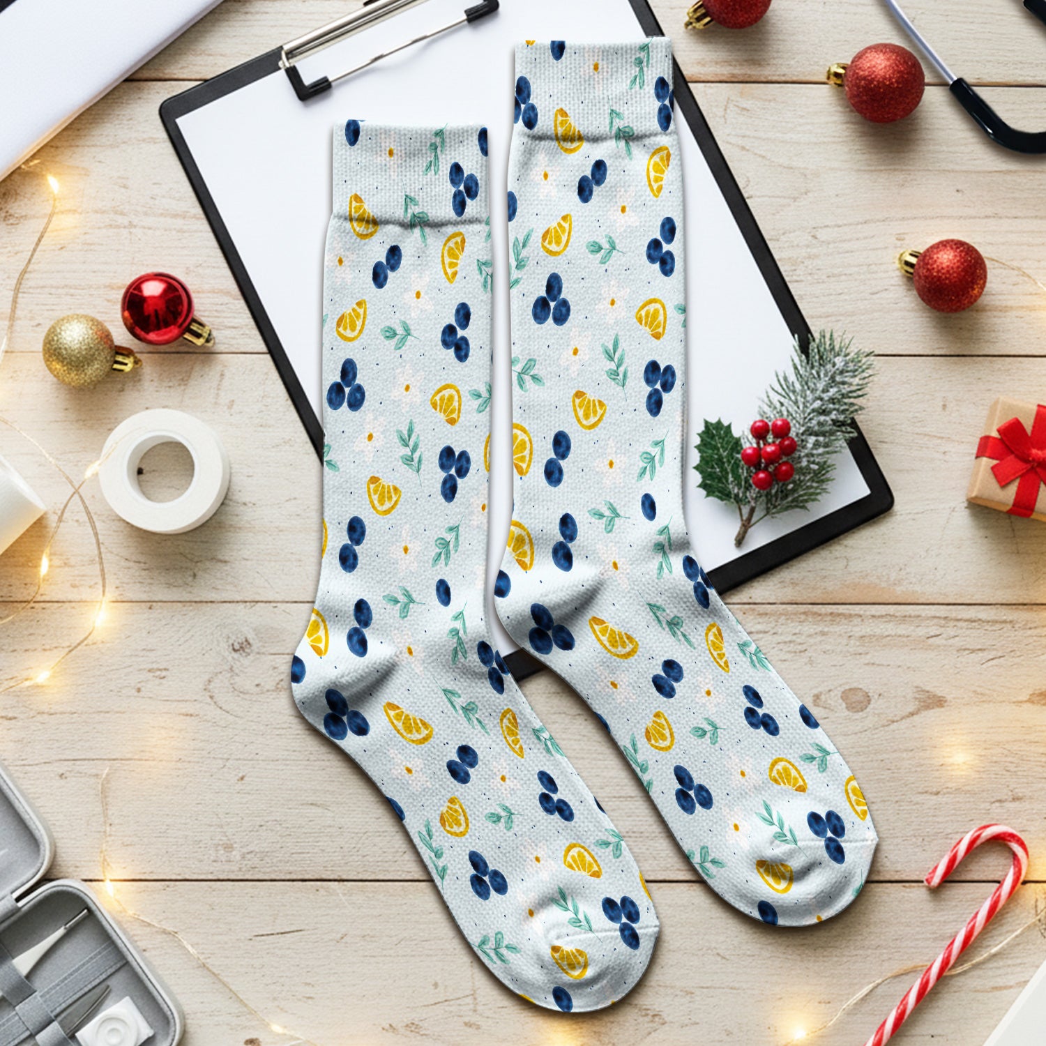 Blueberry Lemon Daisy Pattern Socks, Adult Socks for Men and Women