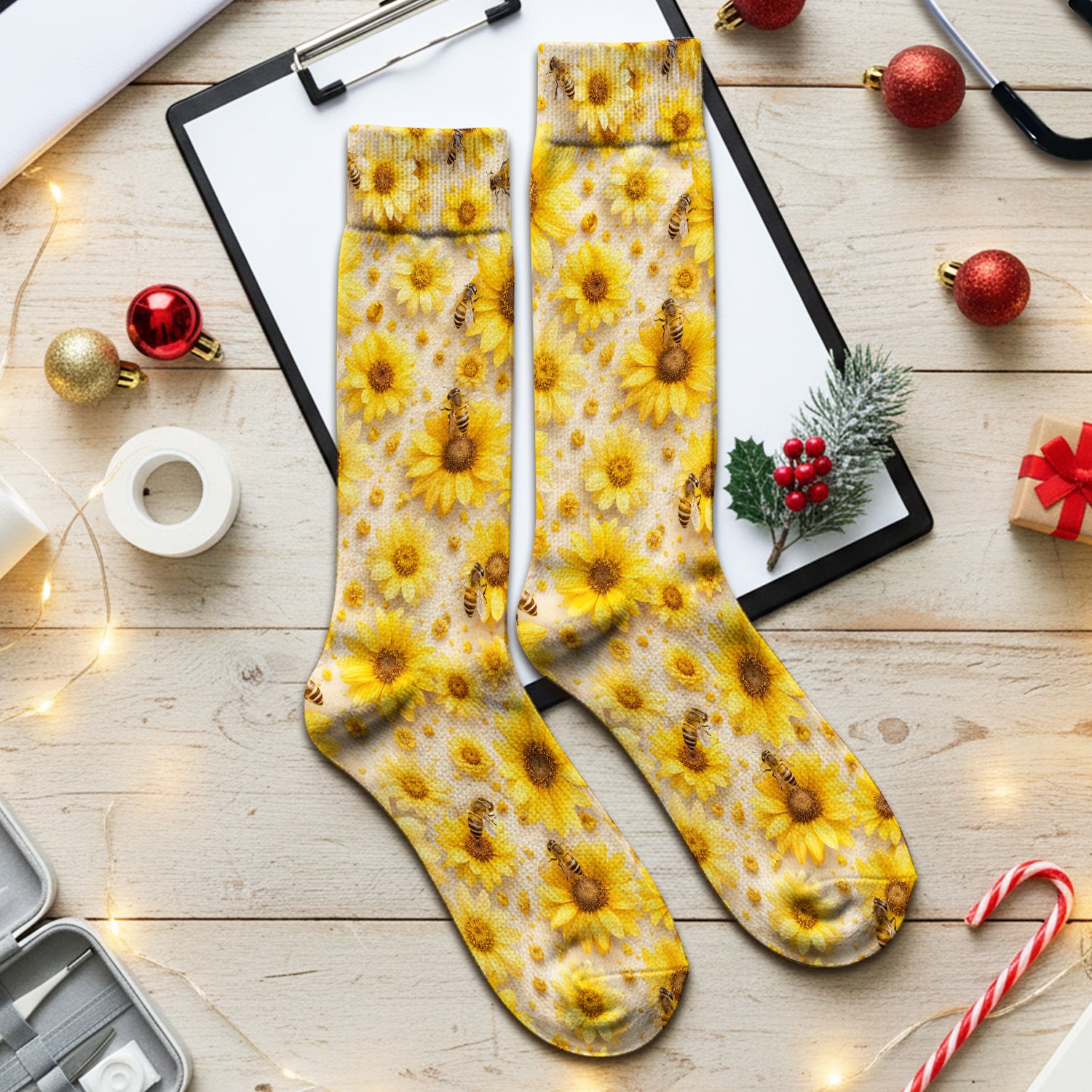 Yellow Sunflower Bee Garden Bloom Pattern Socks, Adult Socks for Men and Women