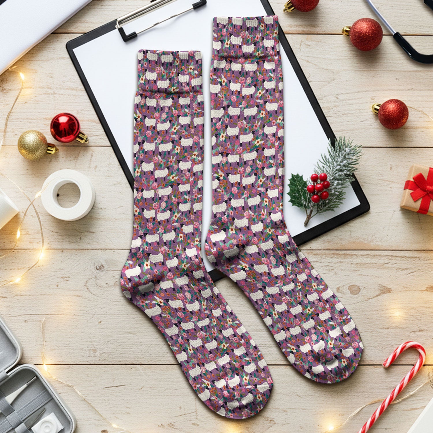 Cute Sheep Floral Meadow Pattern Socks, Adult Socks for Men and Women