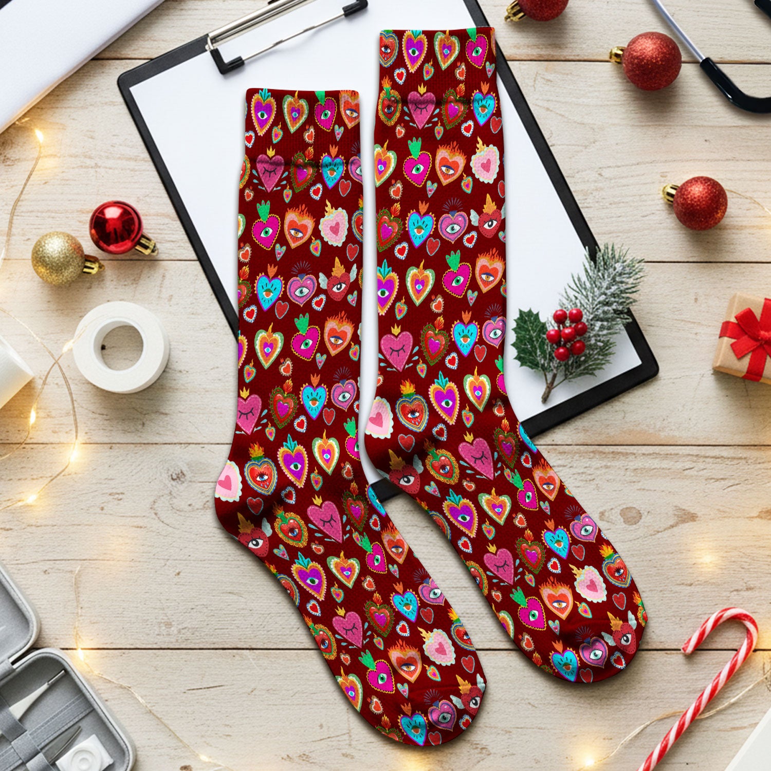 Valentine Colorful Sacred Heart Print Medical Socks, Breathable Fabrics Medical Uniform