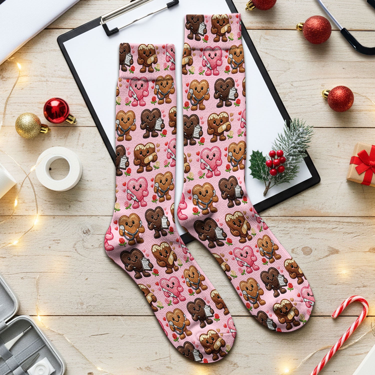 Valentine Heart Nurse Scrub Socks, Cute Medical Love Pattern Sock, Breathable Fabrics Nursing Uniform