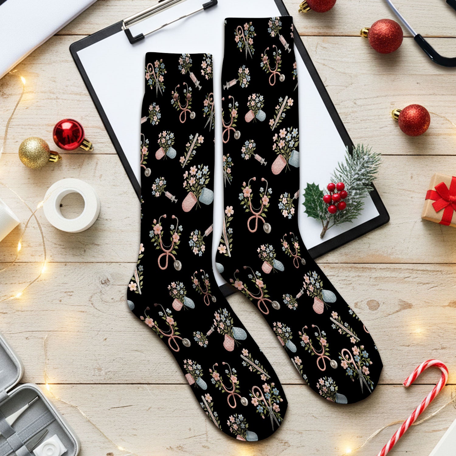 Floral Medical Scrub Socks, Elegant Stethoscope With Flower Nursing Sock, Breathable Fabrics Nurse Uniform