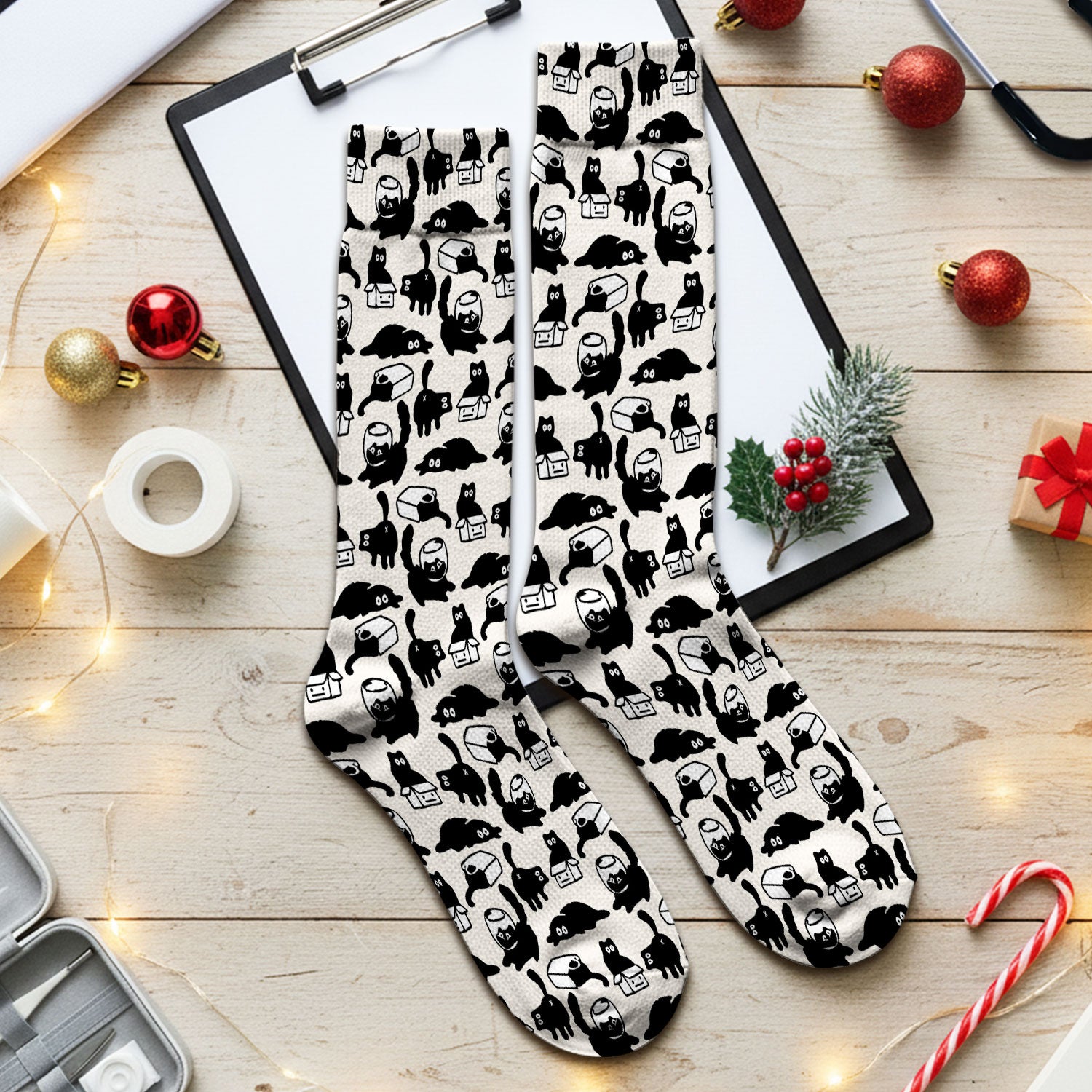 Dark Playful Cat Cartoon Pattern Medical Socks, Socks for Nurse Doctor