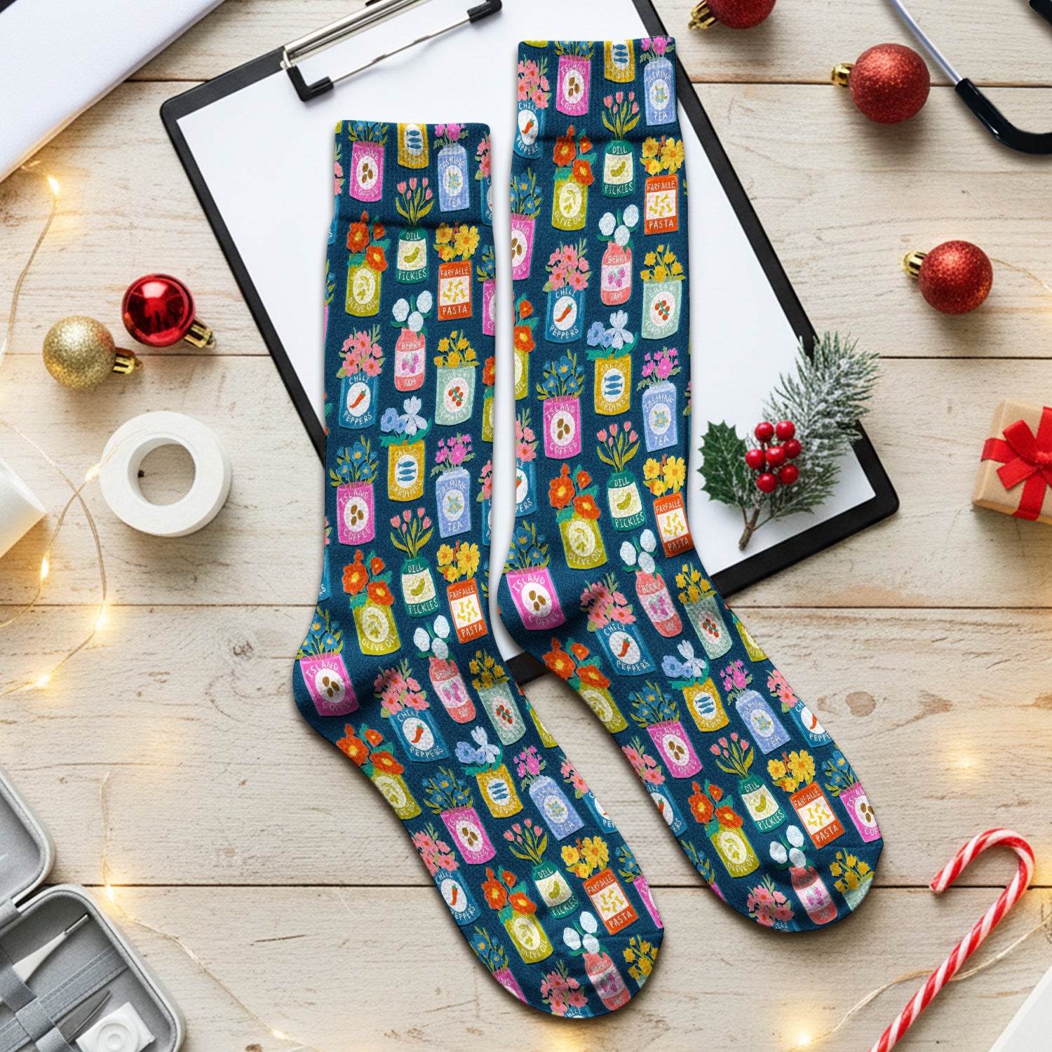 Colorful Pantry Jars Flowers Pattern Socks, Adult Socks for Men and Women