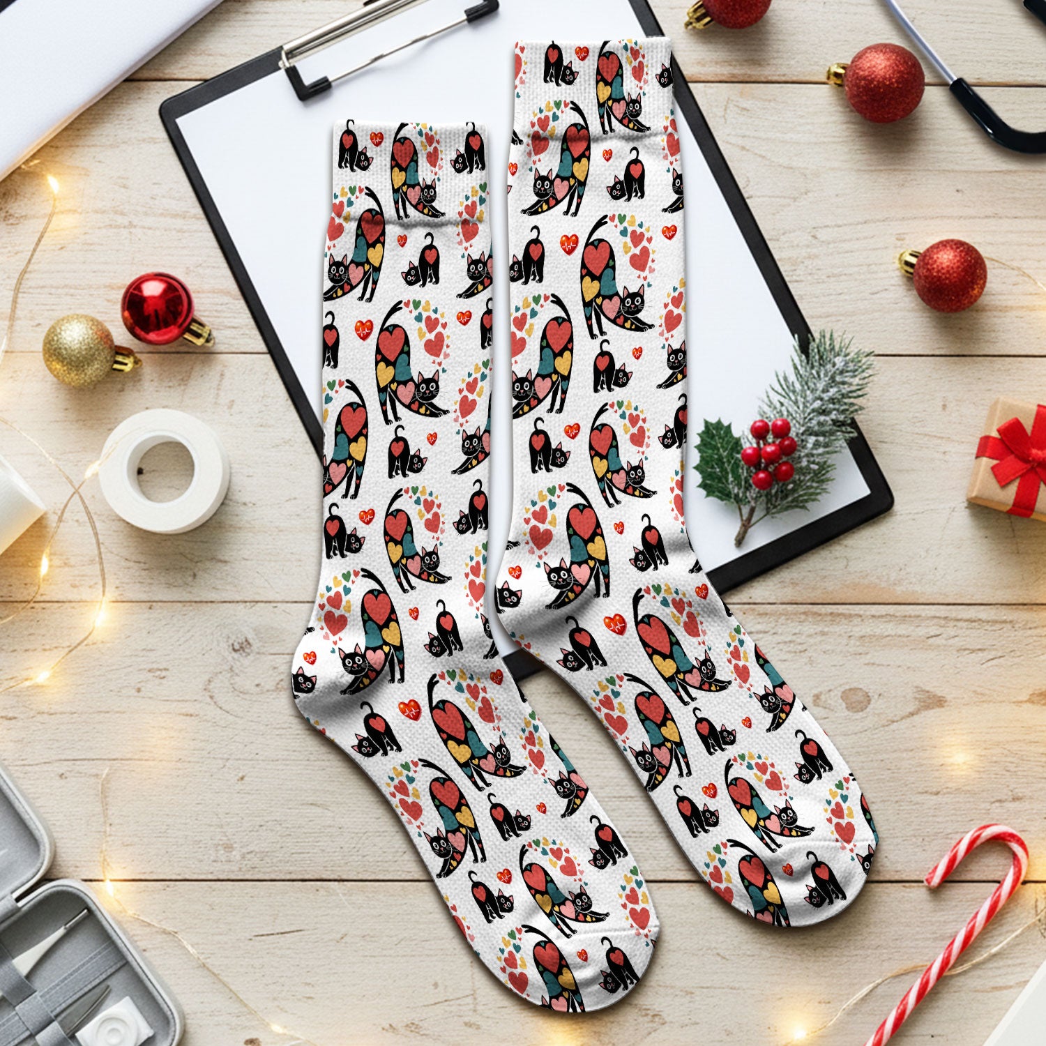 Playful Cat Valentine Heart Print Medical Socks, Socks for Nurse Doctor