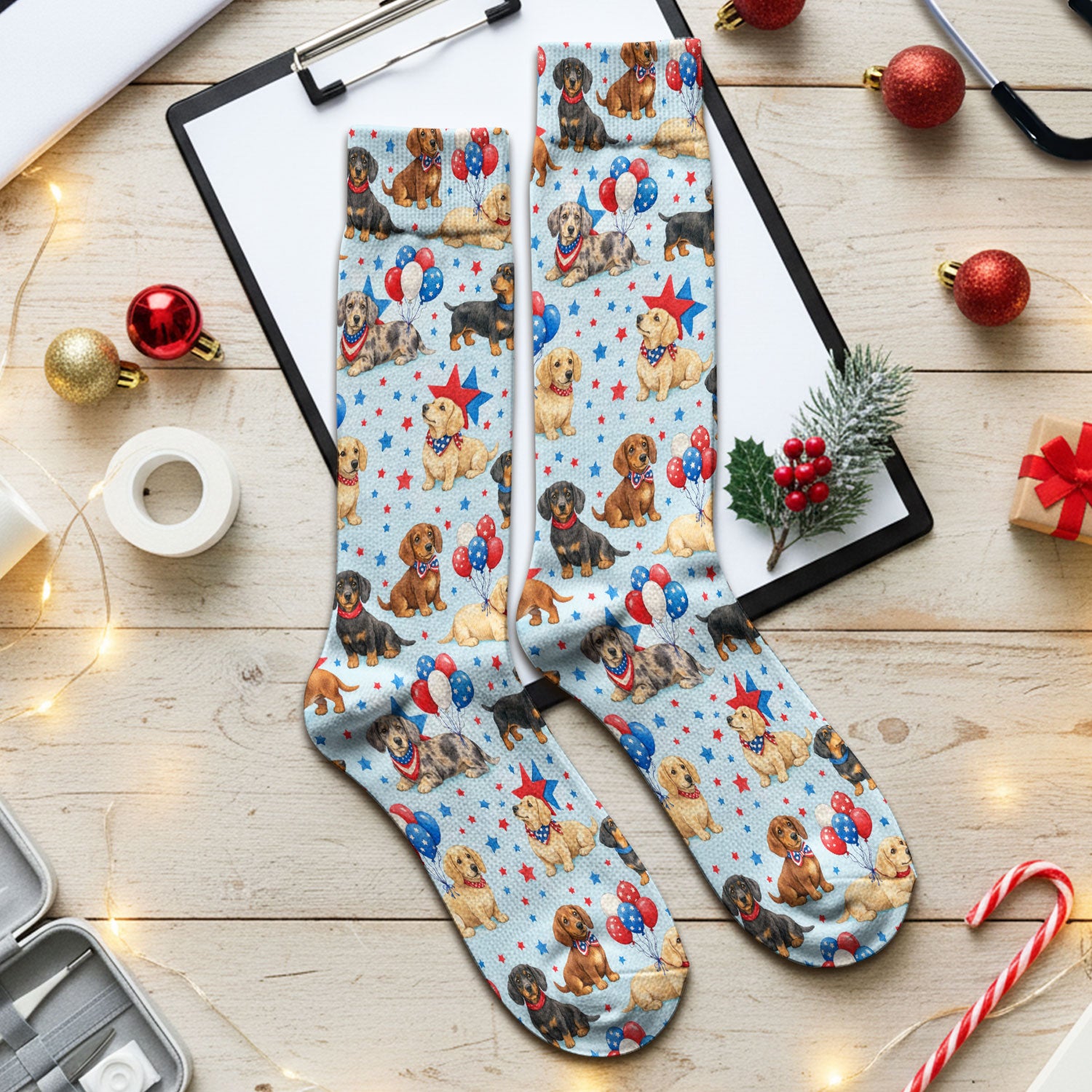 Cute Patriotic Dachshund Balloon Star Pattern Socks, Socks for Nurse Doctor