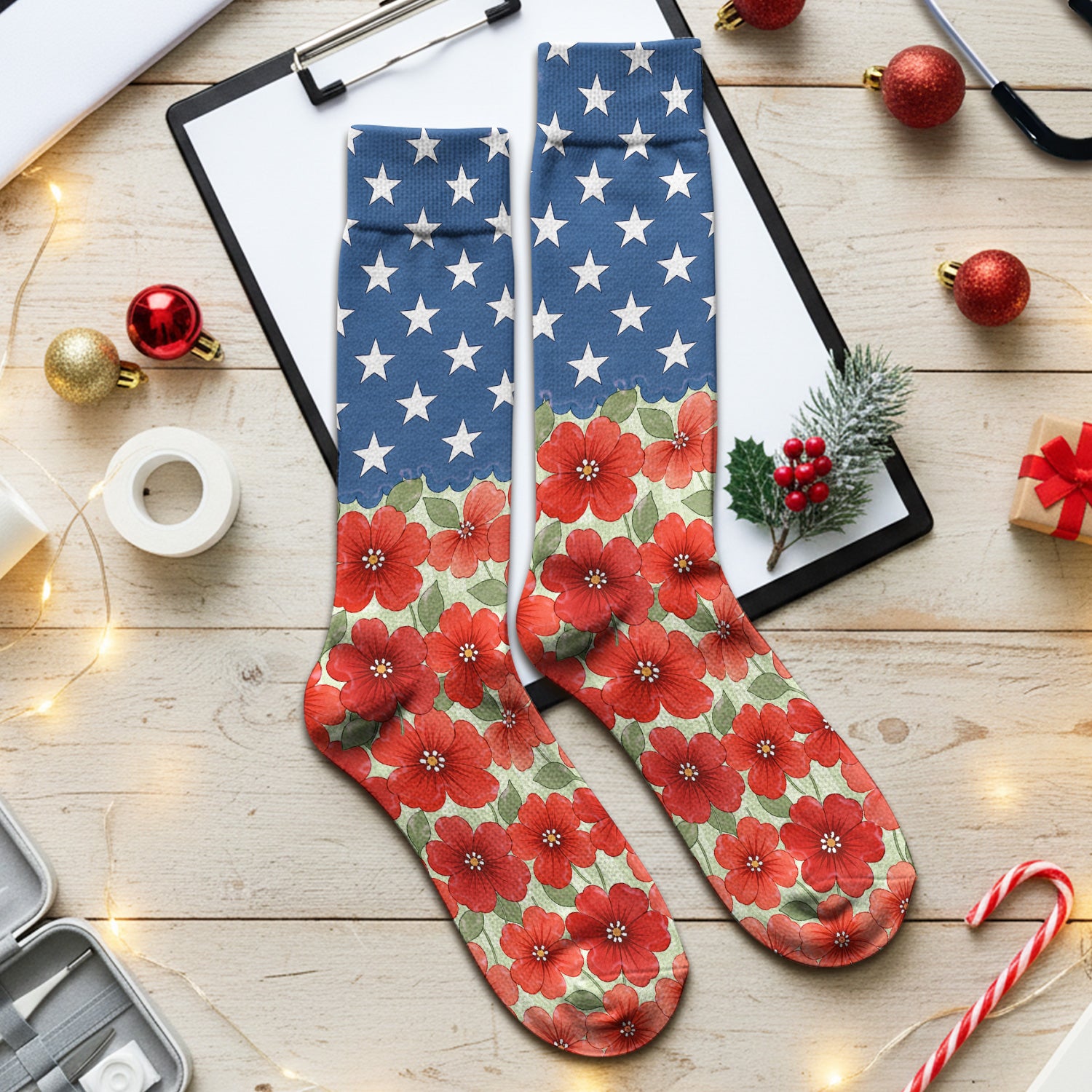 Patriotic USA Flag With Red Floral Blossom Pattern Socks, Adult Socks for Men and Women