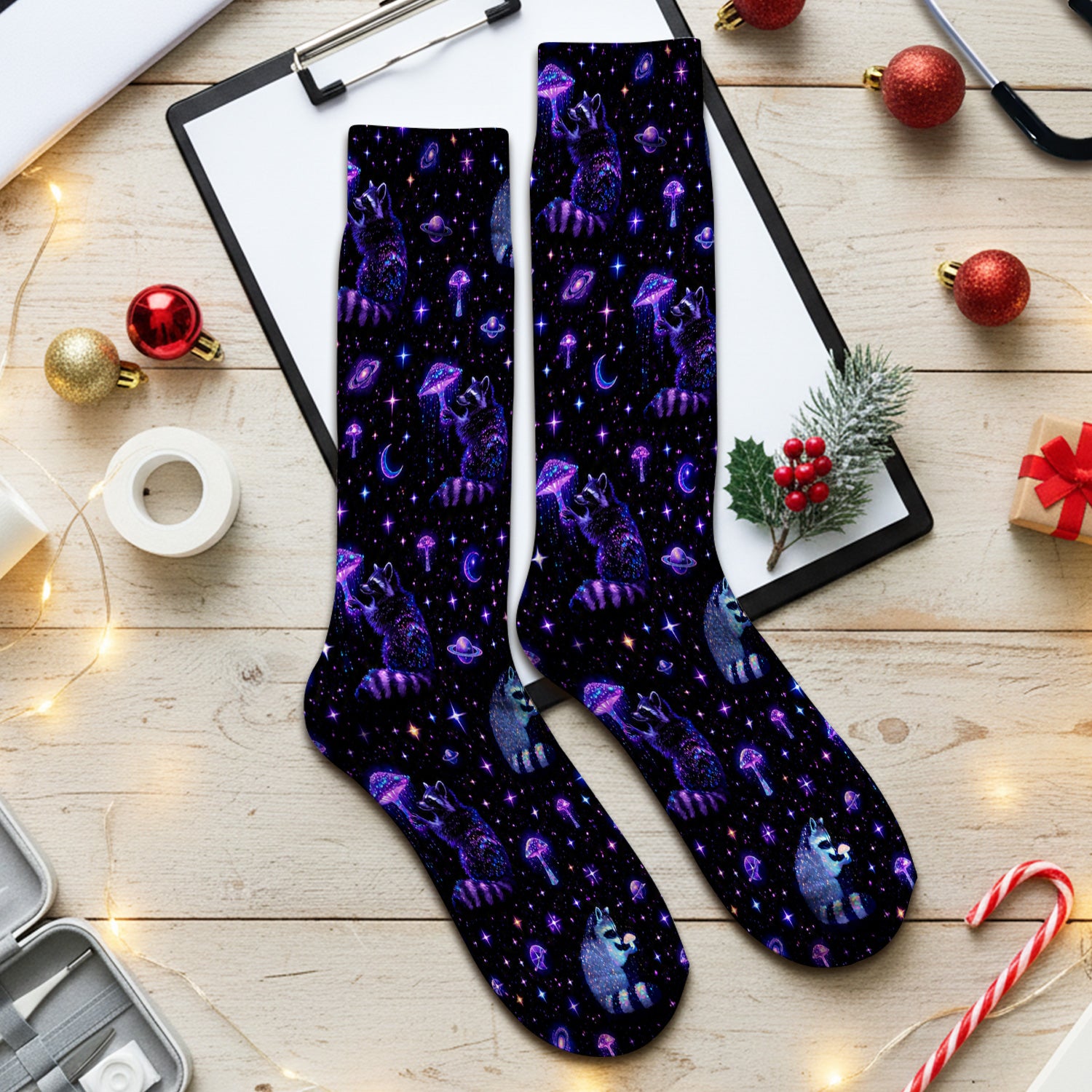 Cute Raccoon Mushroom Galaxy Pattern Socks, Adult Socks for Men and Women