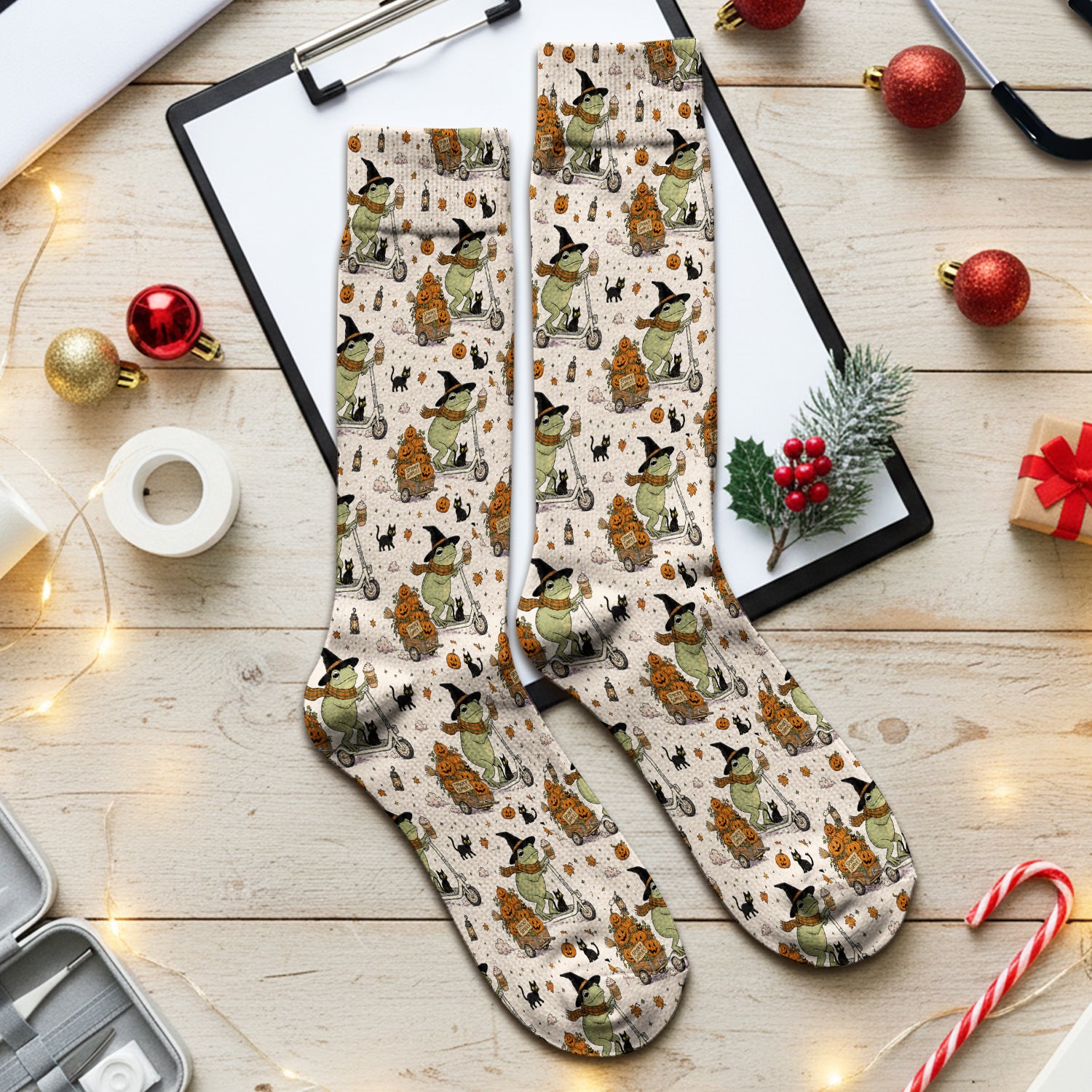 Cute Halloween Witch Frog And Pumpkins Socks, Adult Socks for Men and Women