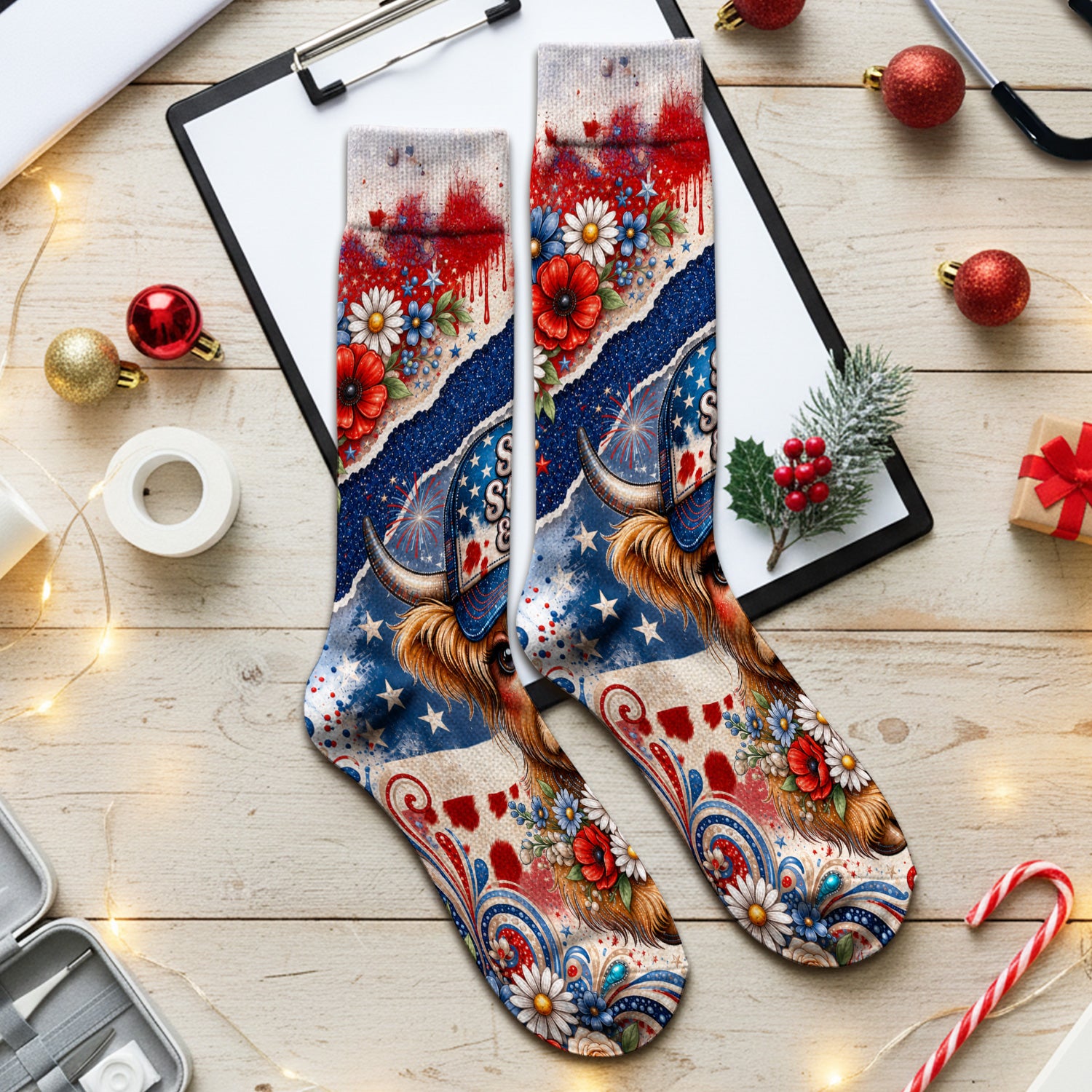 Patriotic Highland Cow Nurse Pattern, Healthcare Workers Socks, Adult Socks for Men and Women