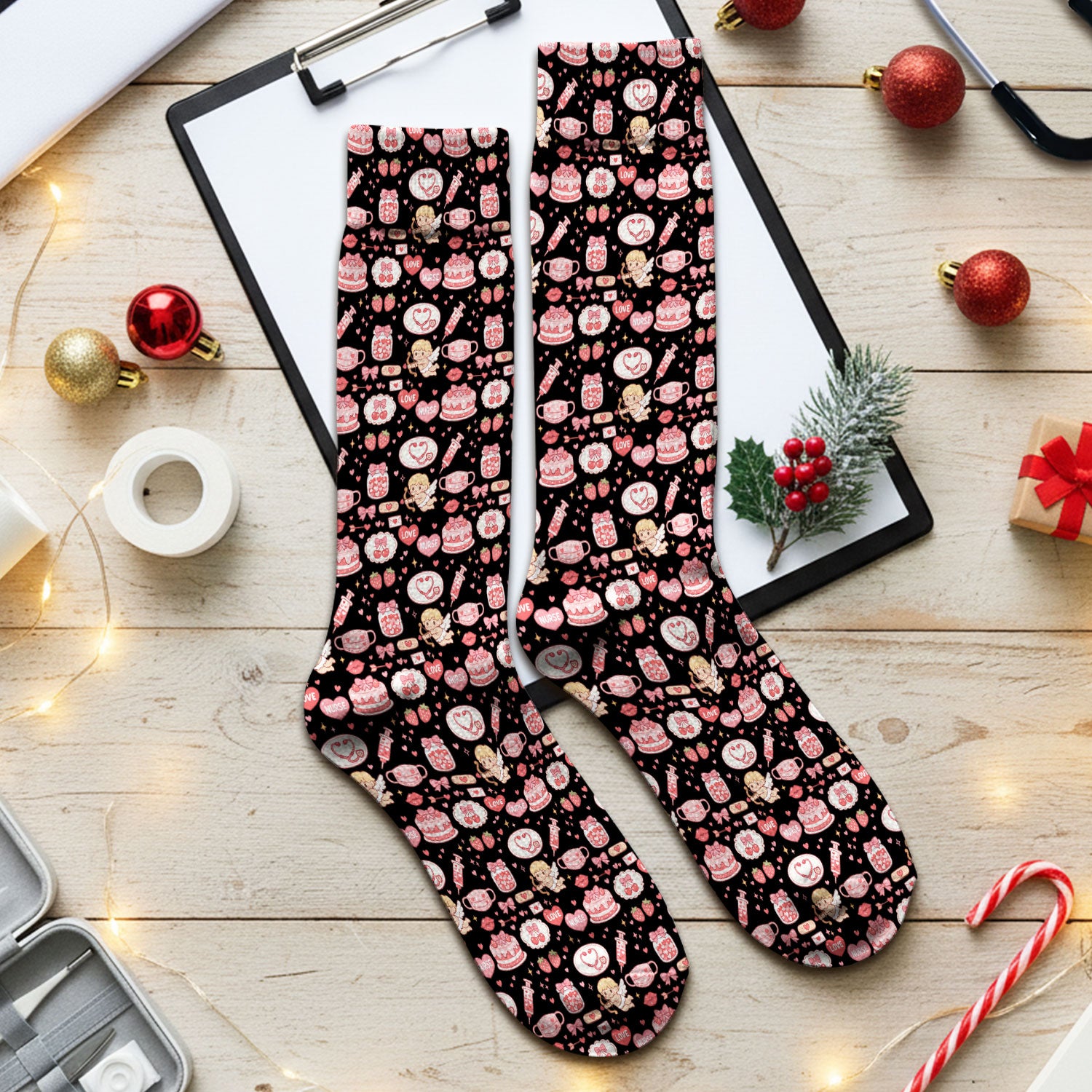 Cupid Nurse Scrub Socks, Cute Love Medical Pattern Sock For Valentine, Breathable Fabrics Nursing Uniform