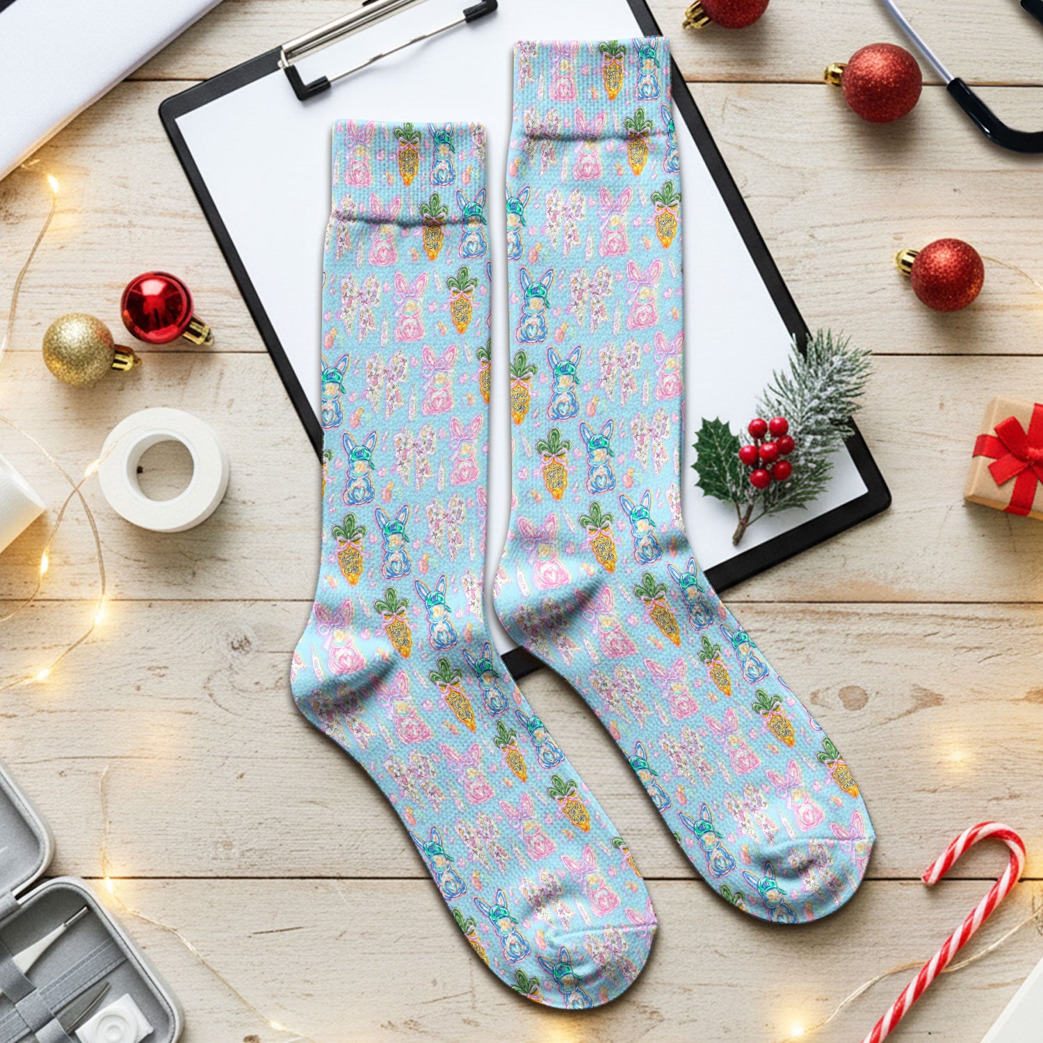Easter Bunny Carrot Bow Floral Print Socks, Breathable Fabrics Medical Uniform