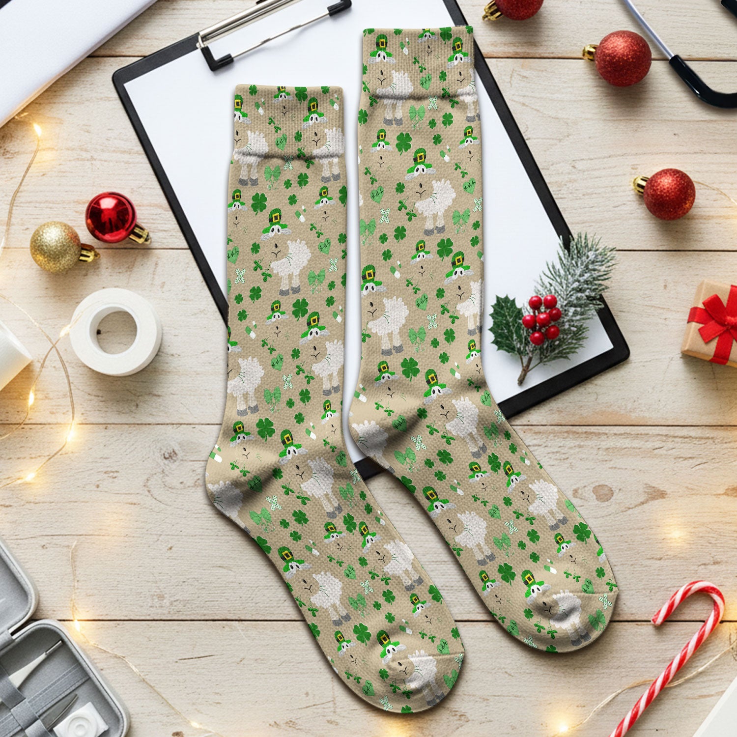 Nurse St. Patrick Scrubs Socks, Cute Sheep Shamrock Pattern Nurse Sock, Breathable Fabrics Nursing Uniform