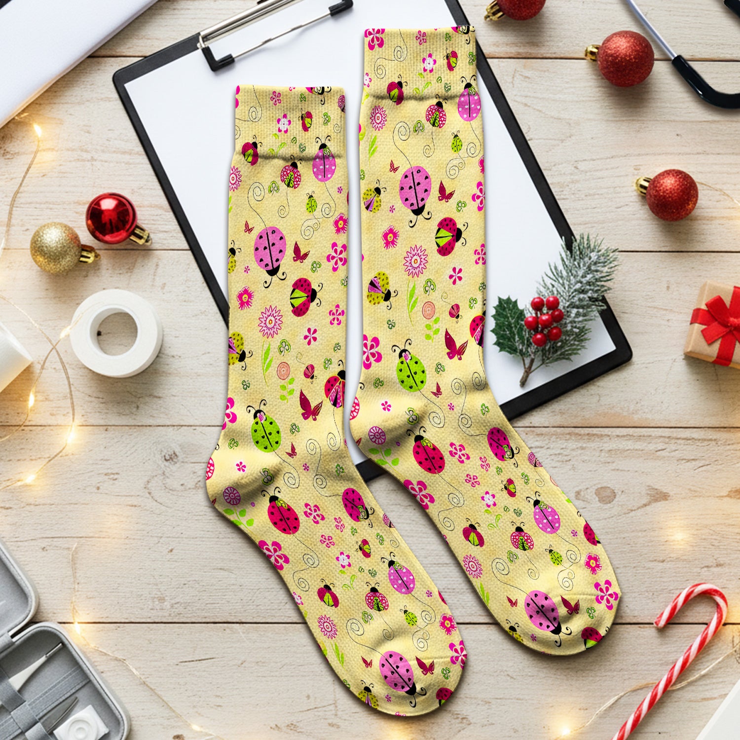 Yellow Ladybug Floral Garden Pattern Socks, Adult Socks for Men and Women