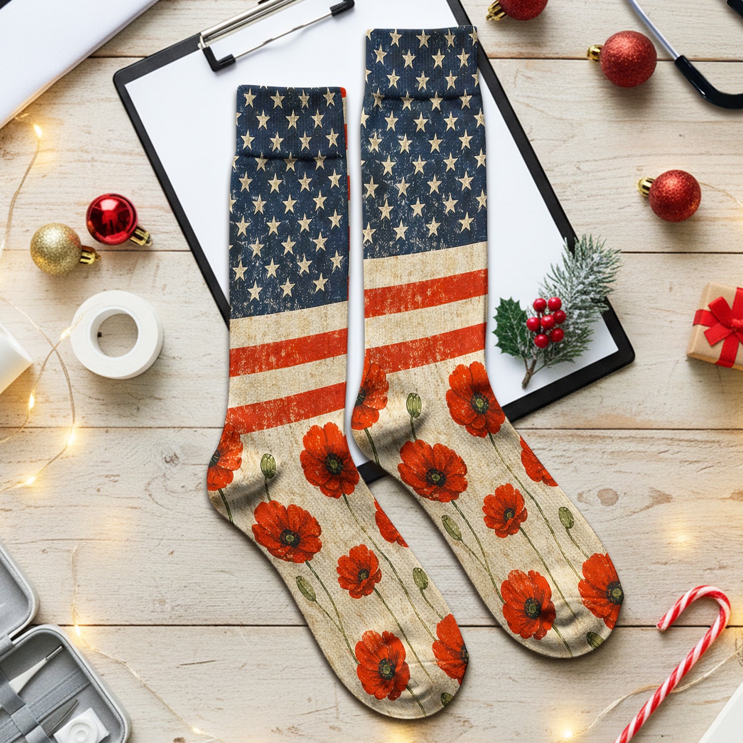 Patriotic American Flag Poppy Flower Pattern Socks, Adult Socks for Men and Women