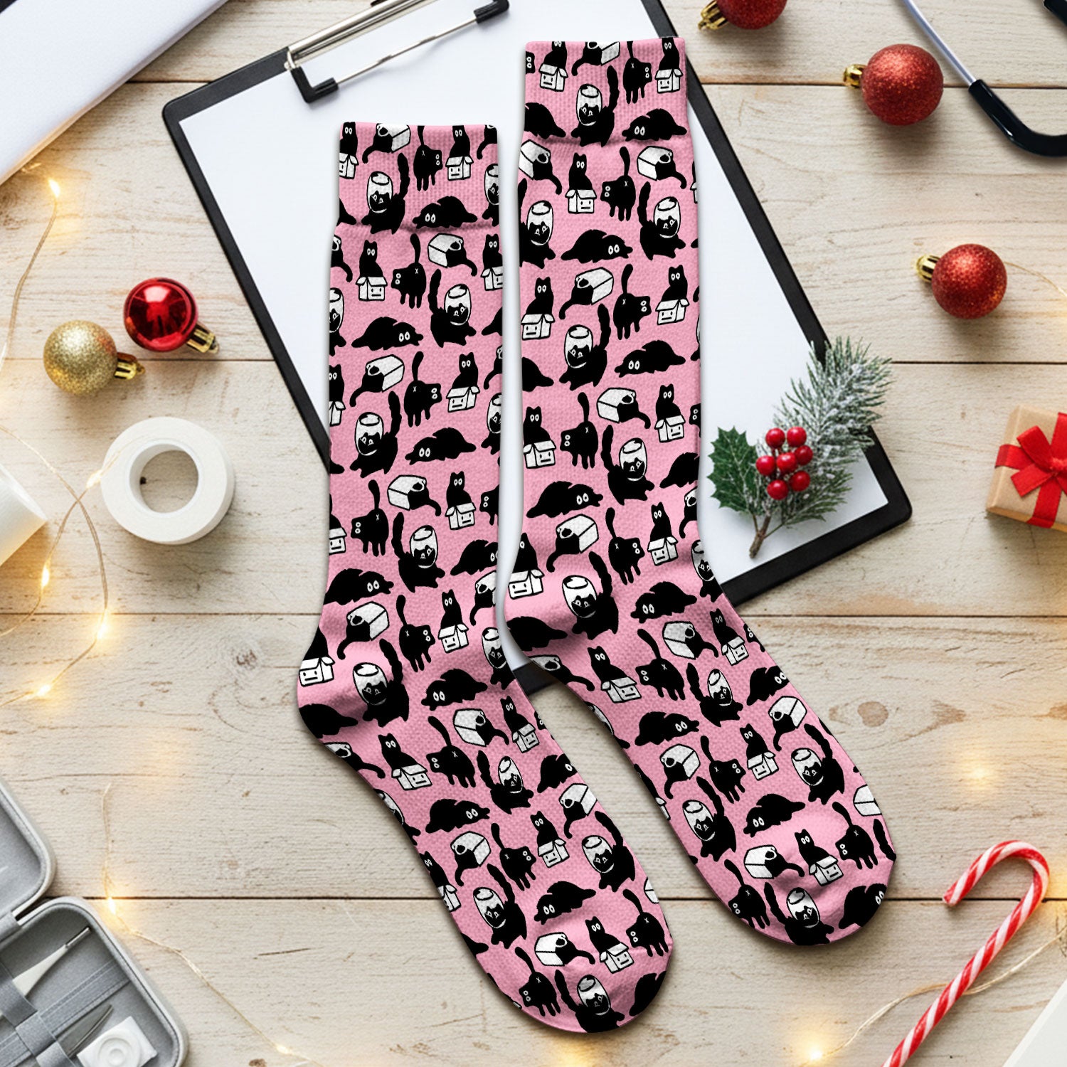Dark Playful Cat Cartoon Pattern Medical Socks, Socks for Nurse Doctor