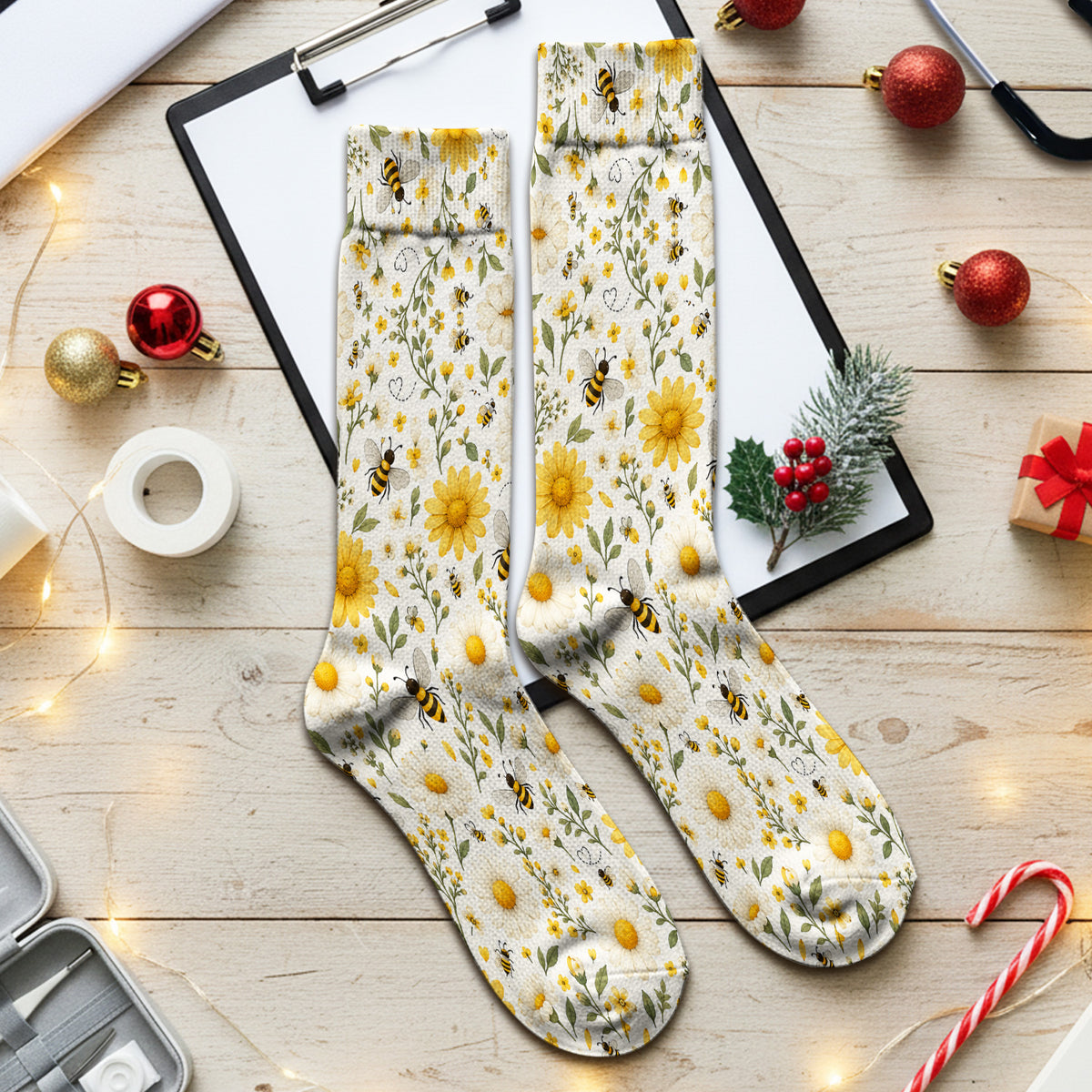 Cute Honey Bee And Daisy Pattern Socks, Adult Socks for Men and Women