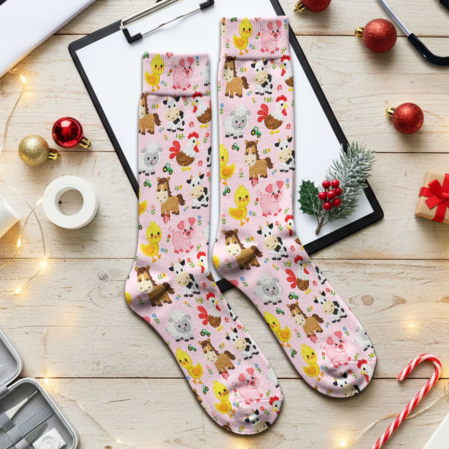 Cartoon Farm Animal Pattern Socks, Breathable Fabrics Medical Uniform