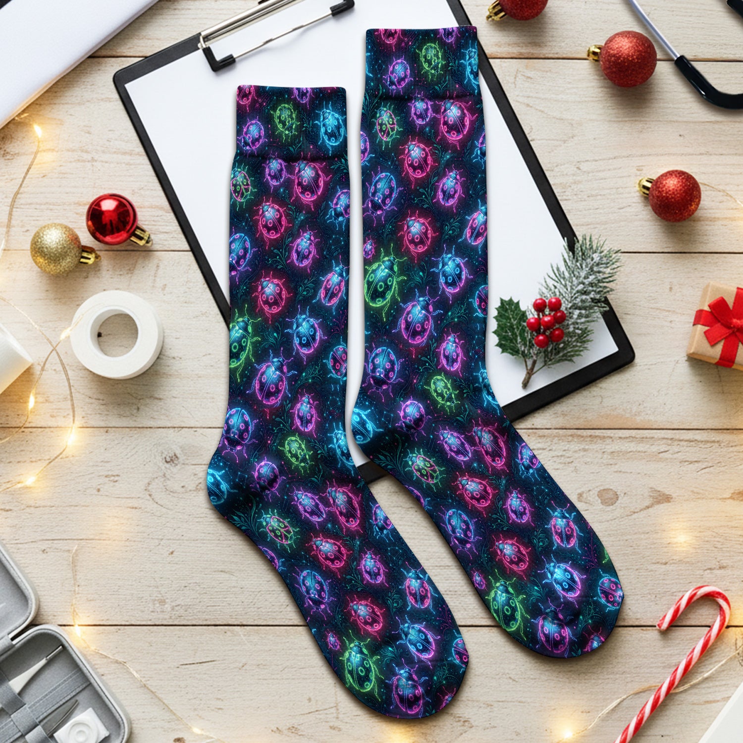 Colorful Neon Ladybug Pattern Socks, Adult Socks for Men and Women
