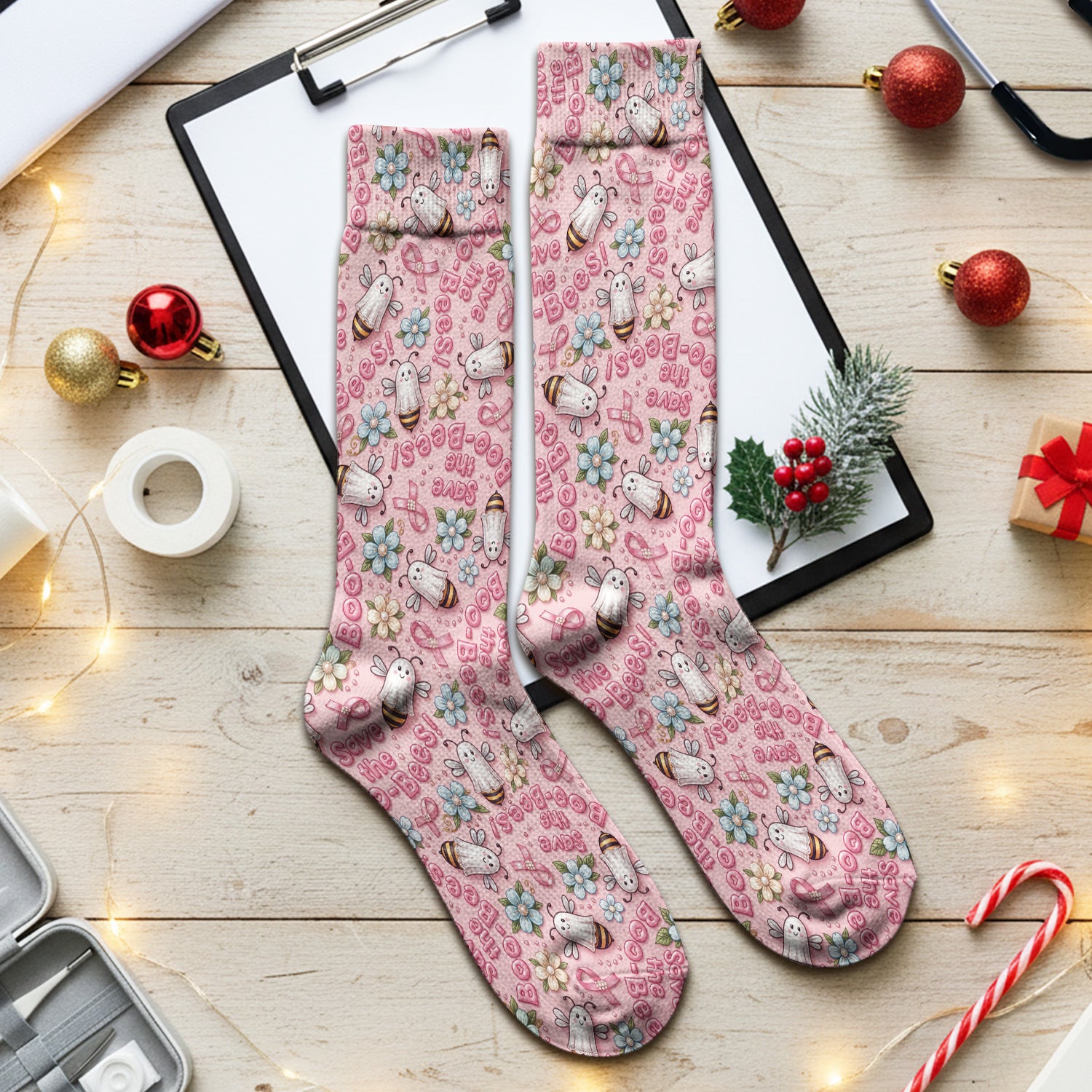 Save The Boo-Bees with Ribbon Socks, Adult Socks for Men and Women