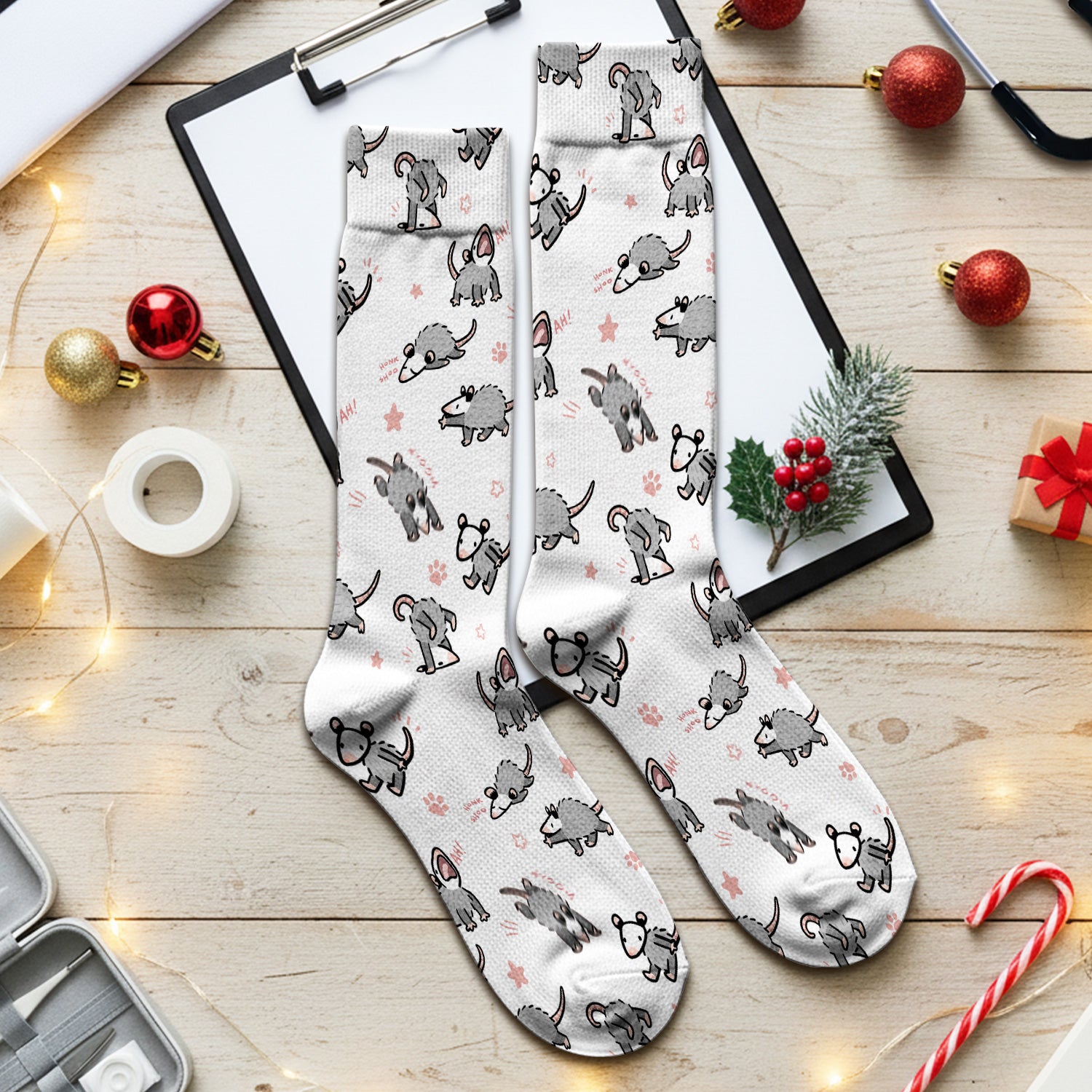 Playful Cartoon Opossum Character Pattern Sock, Breathable Fabrics Medical Uniform