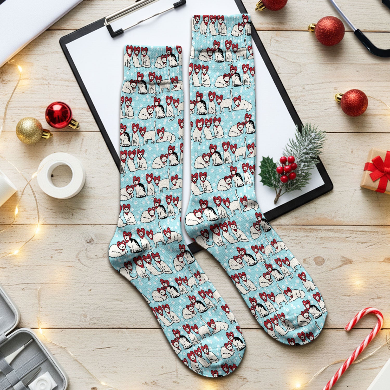 Cute Cat Heart Pattern Scrub Socks, Funny Cat Scrub Sock For Nurses, Breathable Fabrics Nursing Uniform
