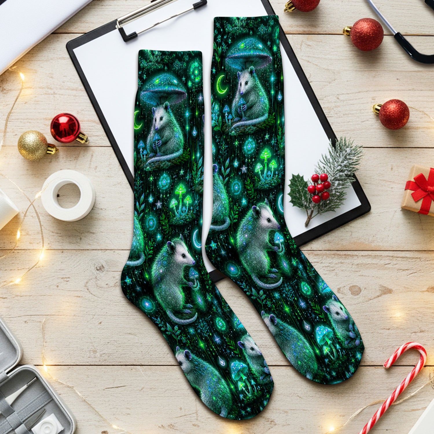 Moonlit Opossum Mushroom Pattern Socks, Adult Socks for Men and Women
