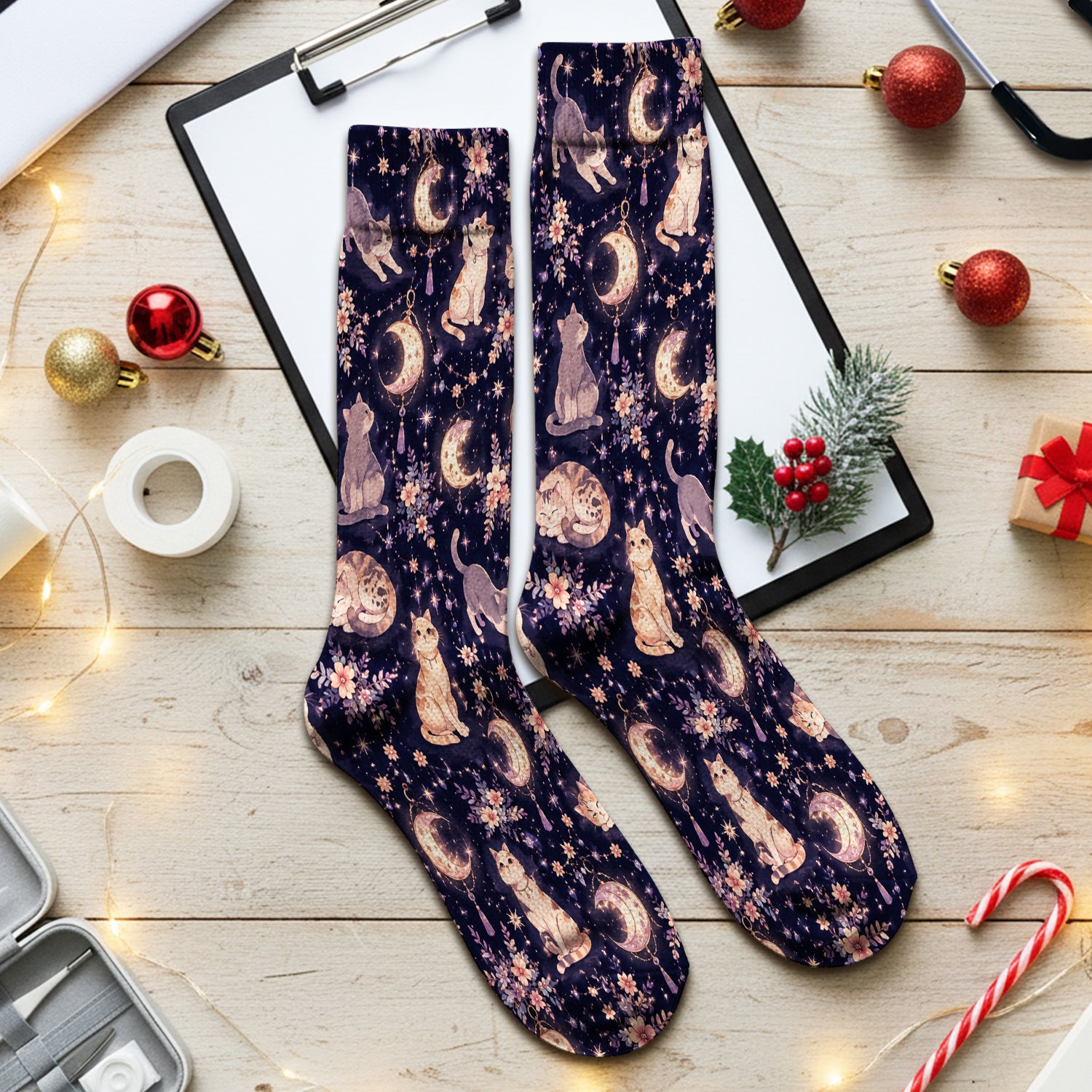 Celestial Cat Pattern Socks, Adult Socks for Men and Women