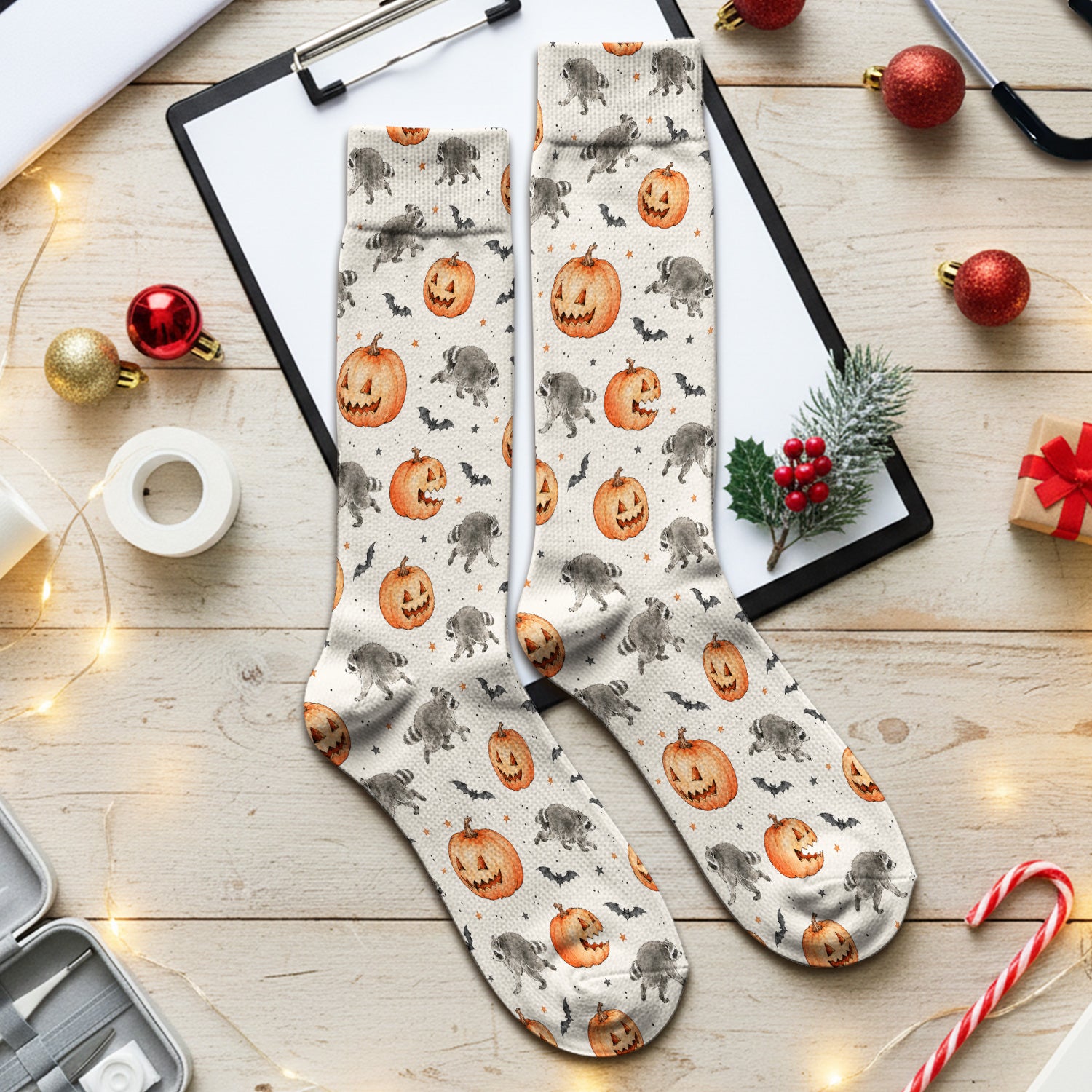 Spooky Halloween Raccoon And Pumpkin Socks, Adult Socks for Men and Women